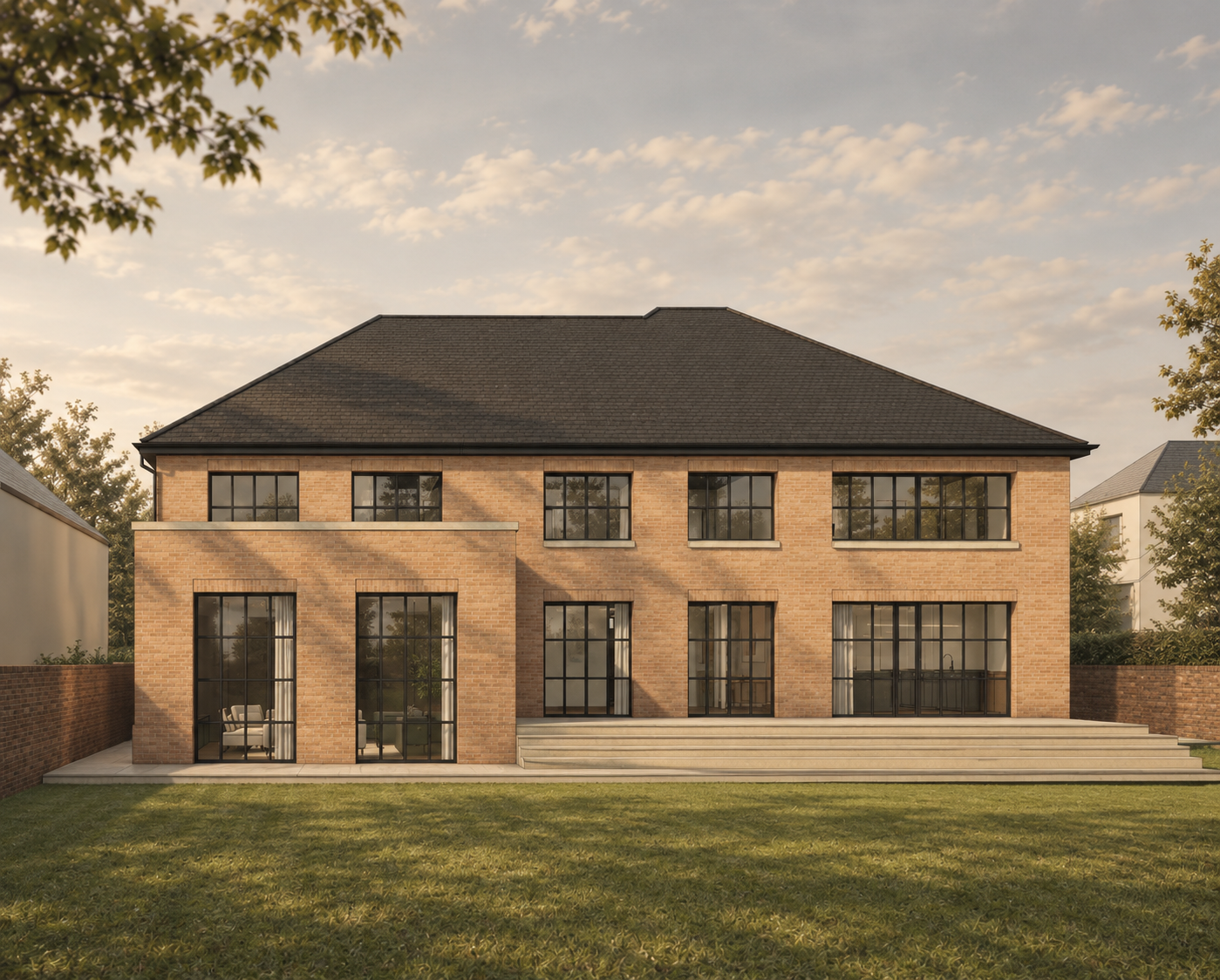 Rear elevation visualisation of Northwood House, showing proposed brick extensions, a hipped roof and a stepped garden terrace.