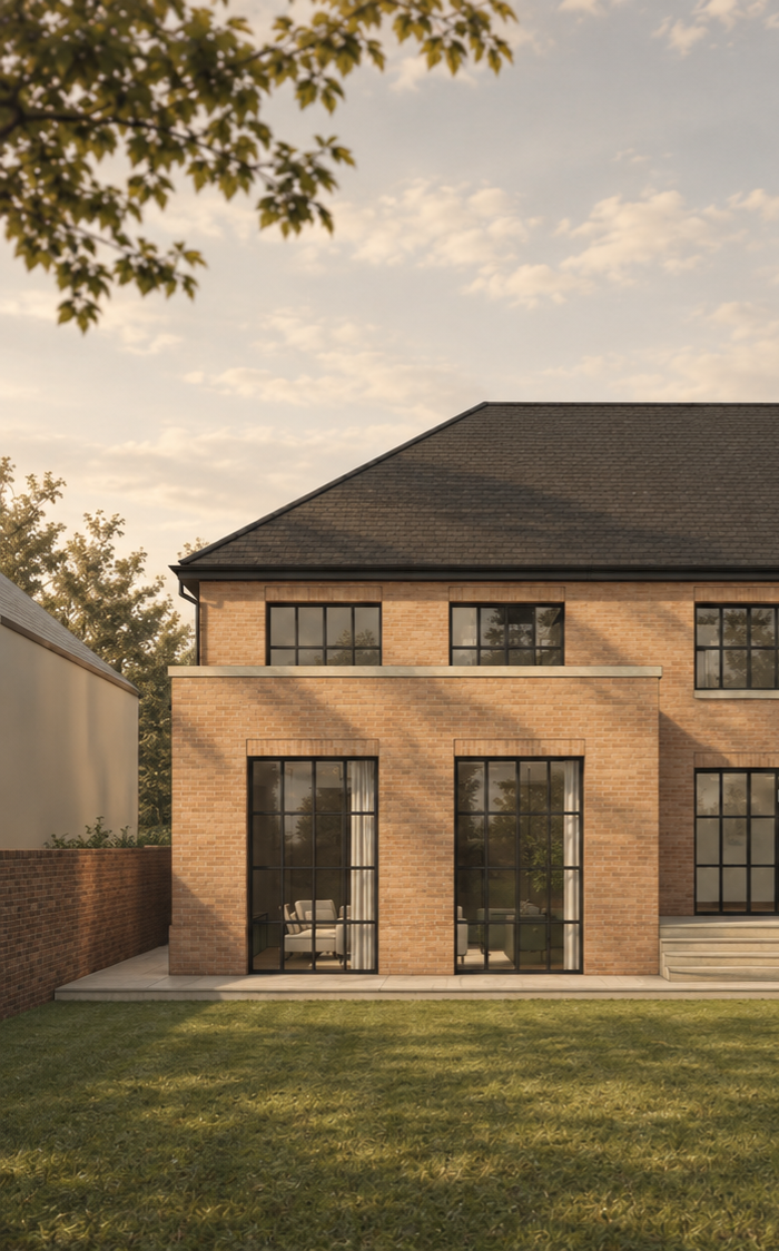 Visualisation of the proposed rear extension at Northwood House, with warm brickwork and tall dark-framed glazed doors.