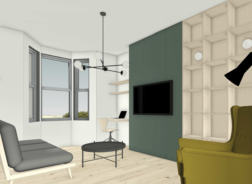 Living room visualisation showing a bay window, compact desk, green TV feature wall, timber shelving and mustard and grey seating.