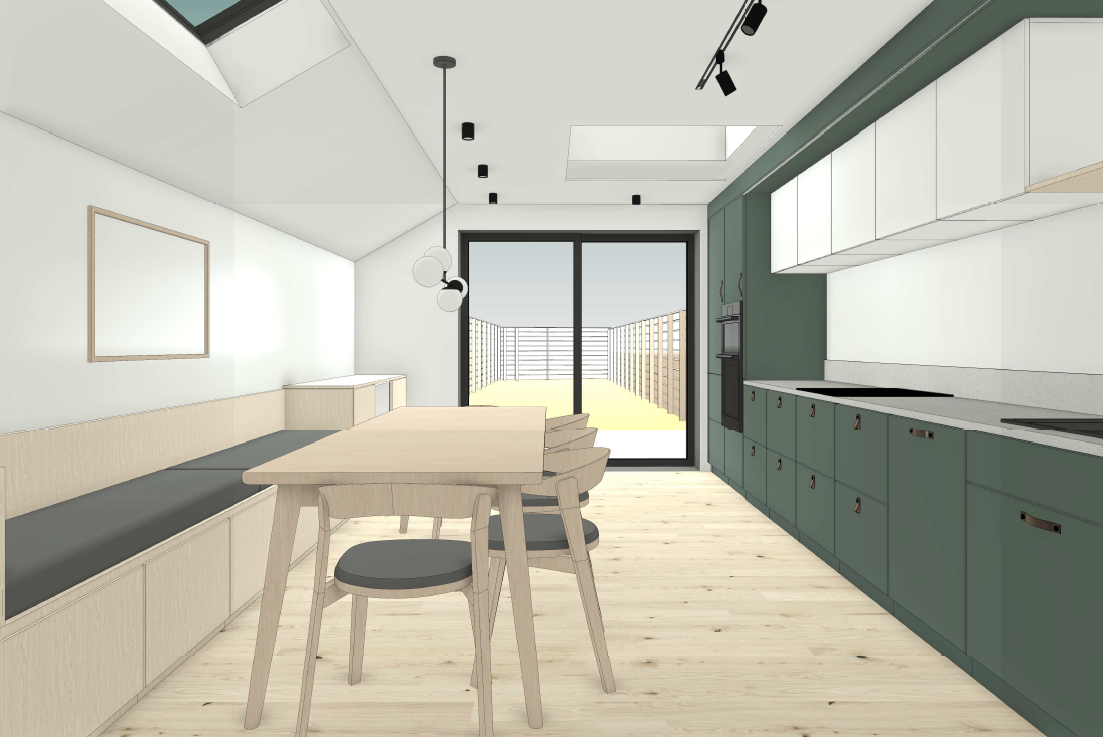 Kitchen and dining visualisation for a home in Bromley, London, with green cabinetry, rooflights and built-in timber bench seating.