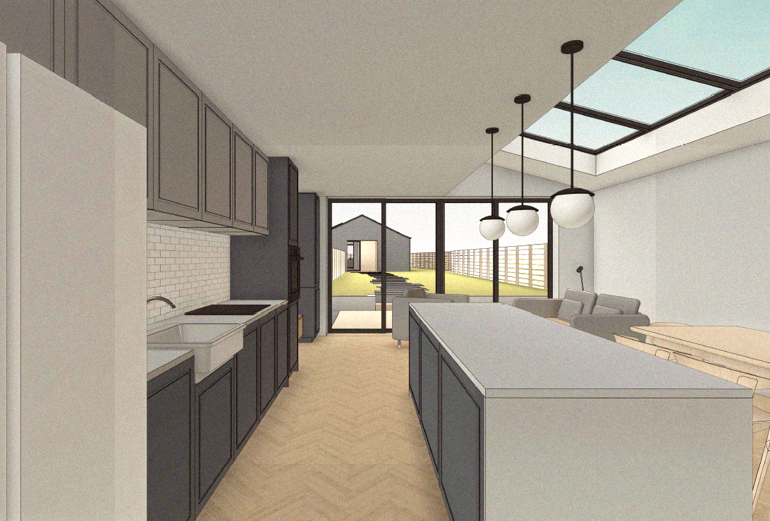 Kitchen visualisation at Bromley House, showing dark cabinetry, a pale island and views through glazed doors to the garden studio.