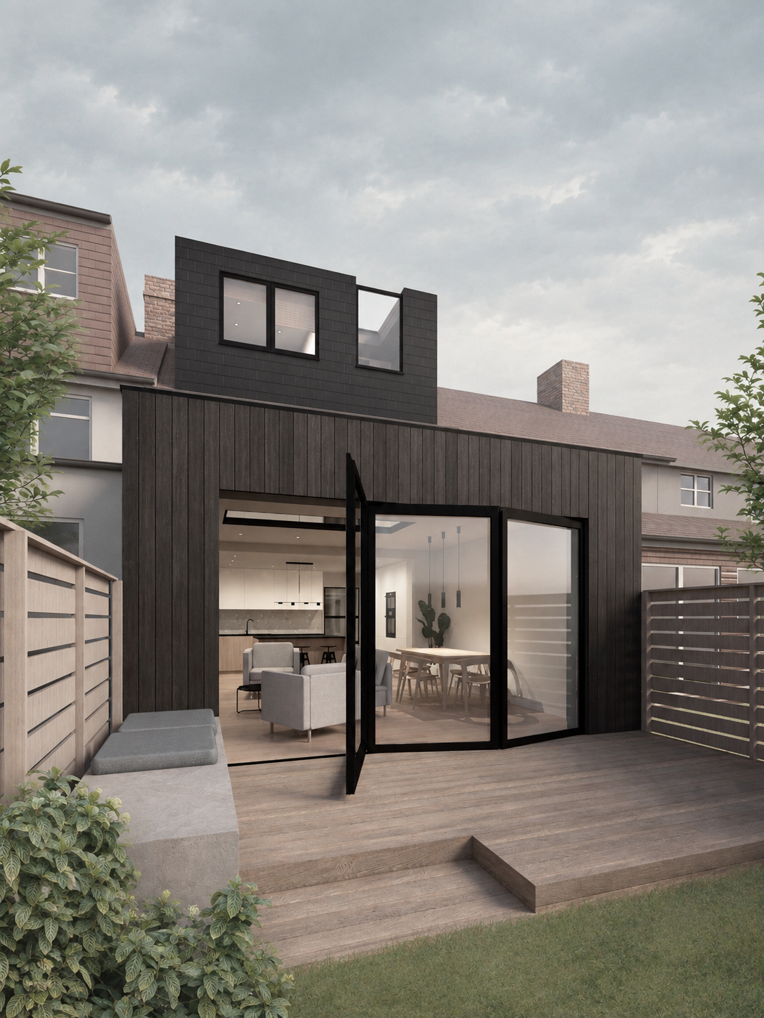 Angled visualisation of the rear extension at Ilford House, with an open glazed door, timber decking and built-in garden seating.