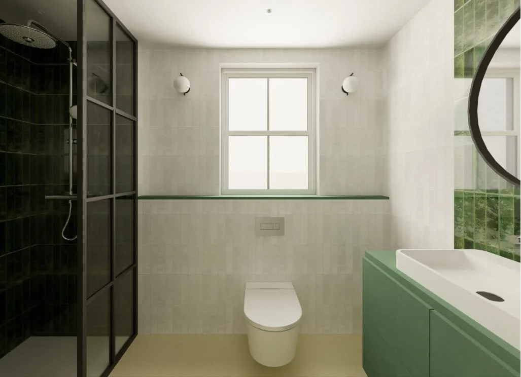 Bathroom visualisation at Lewisham House, showing a green vanity, dark green shower tiles, a black-framed glass screen and a window above the toilet.