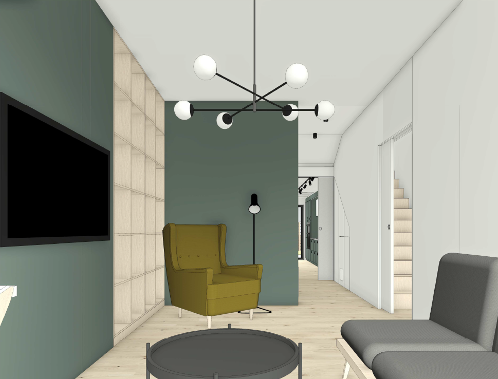 Living room visualisation with green feature walls, timber shelving, a mustard armchair and a branching globe pendant light.