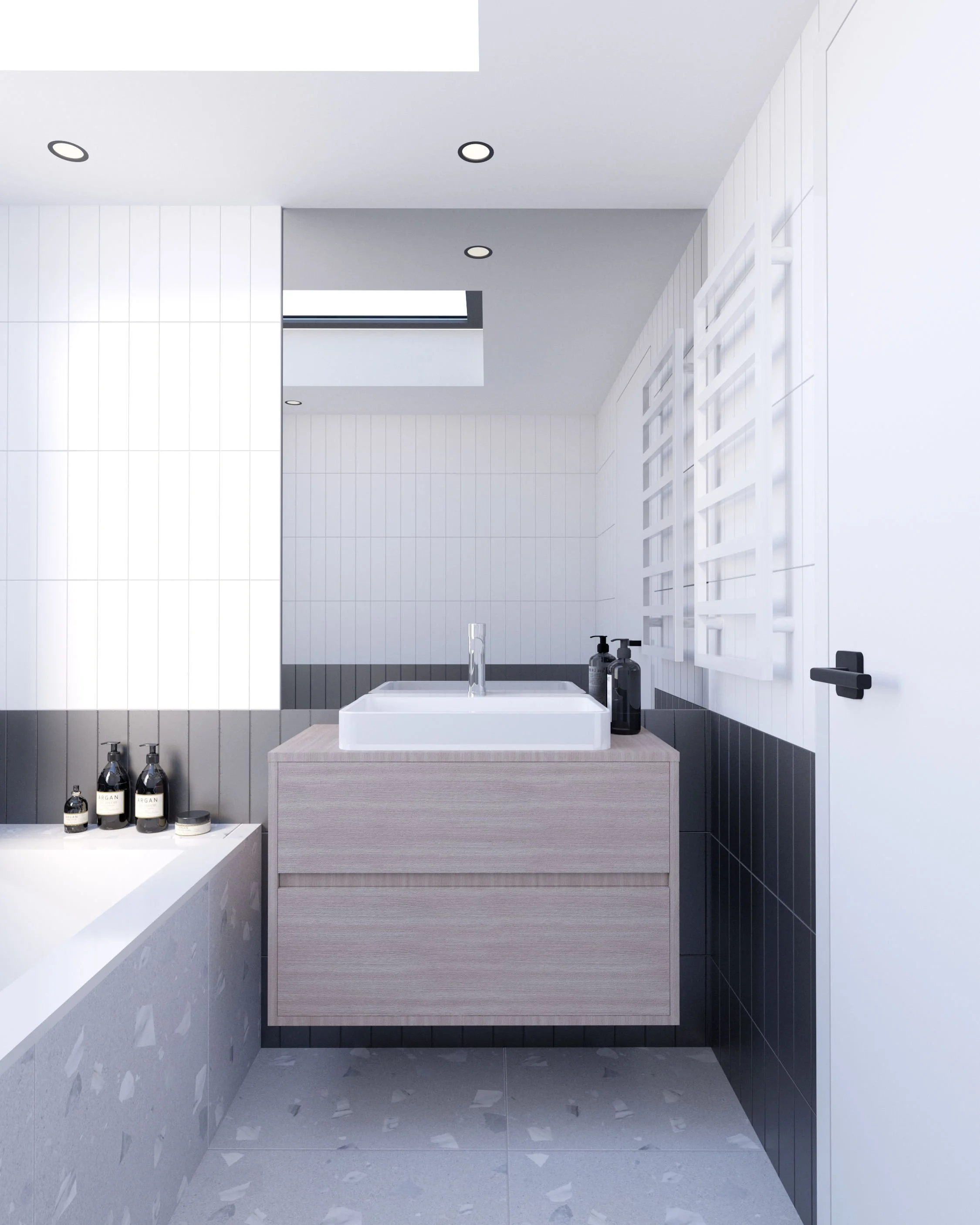 Bathroom visualisation at Ilford House, showing a timber vanity, white basin, black and white wall tiles and a grey terrazzo floor.