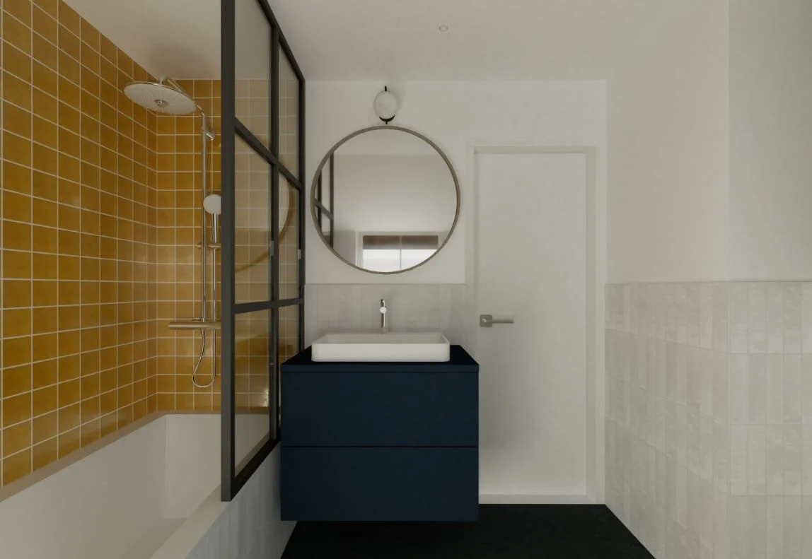 Bathroom visualisation at Lewisham House, showing a bath and overhead shower against yellow tiles, with a navy vanity and round mirror.