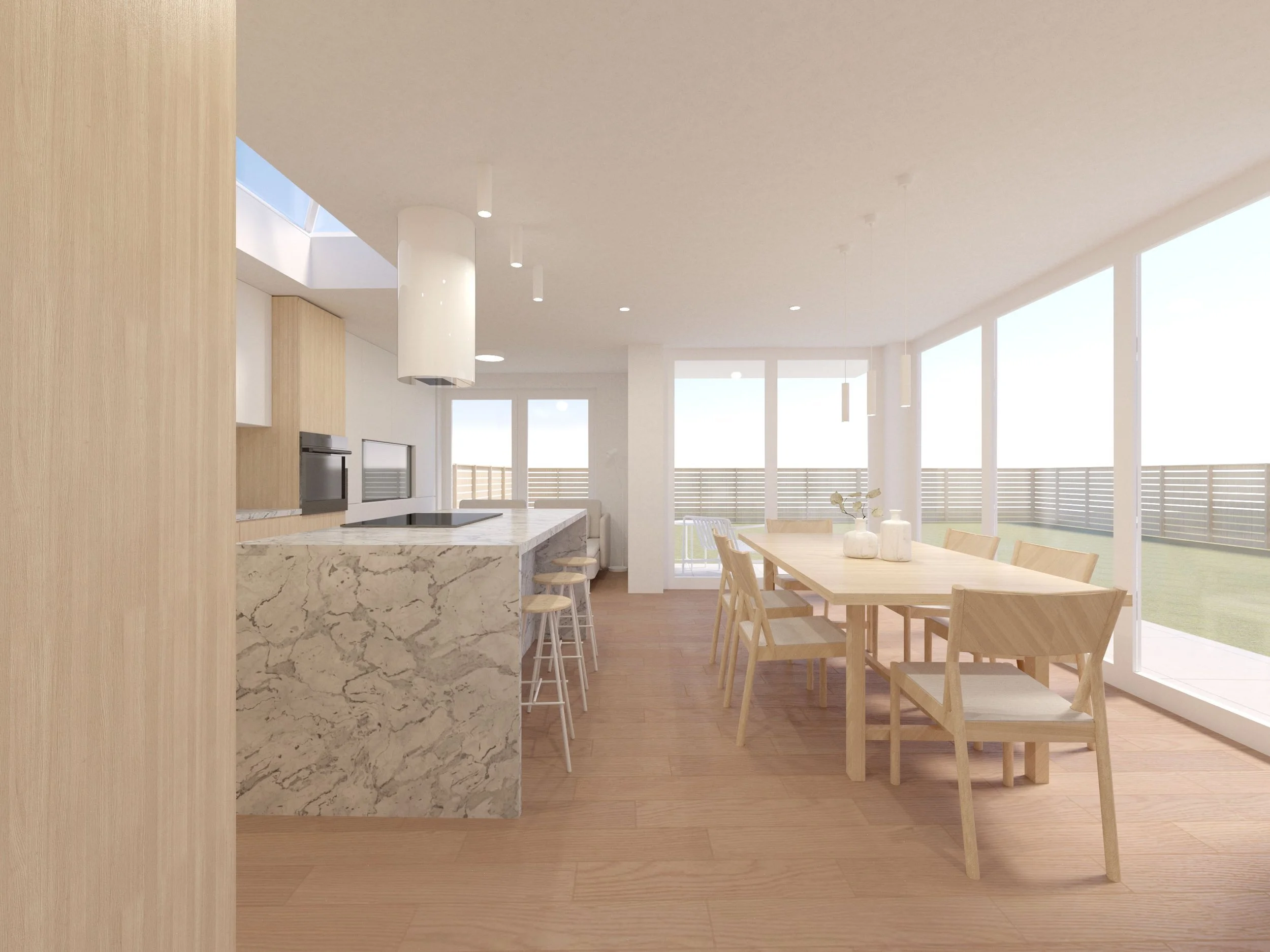 Open-plan kitchen and dining room visualisation at Sydenham House, with a veined island, timber dining table and pale wood flooring.