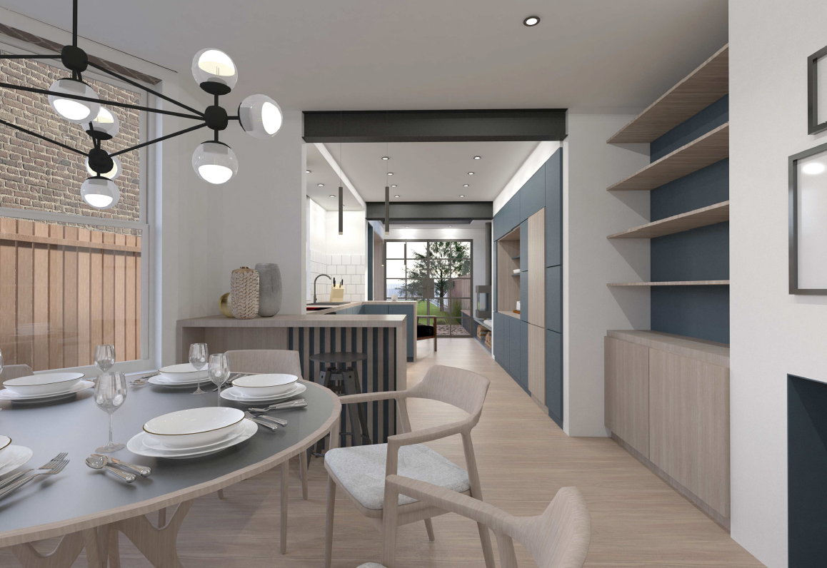 Interior visualisation of Lewisham House, showing an open-plan dining area and kitchen with blue-grey cabinetry, timber shelving and globe pendant lights.
