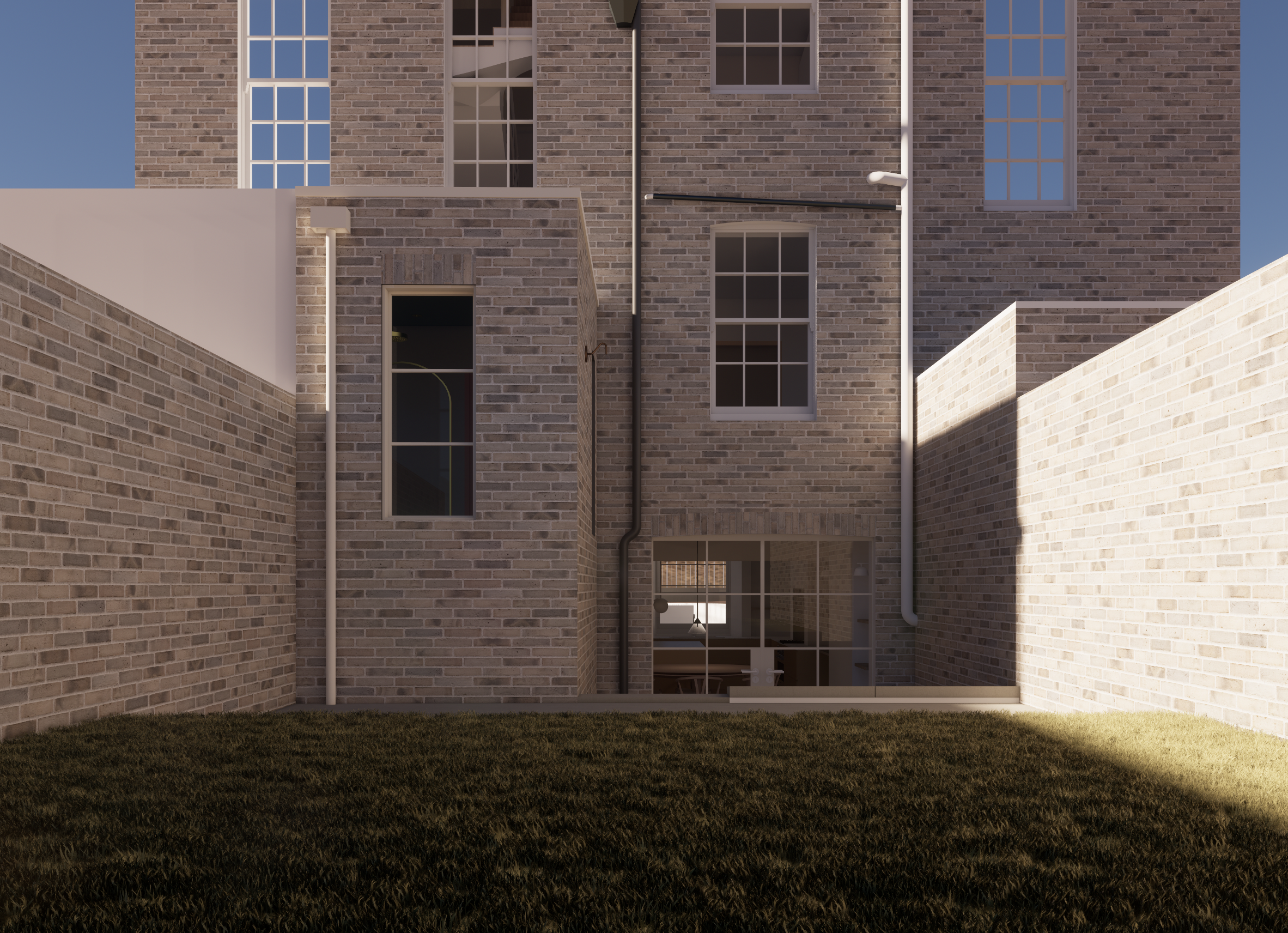 Rear elevation visualisation of Camberwell House in London, with brickwork, a tall narrow window and new basement-level garden glazing.