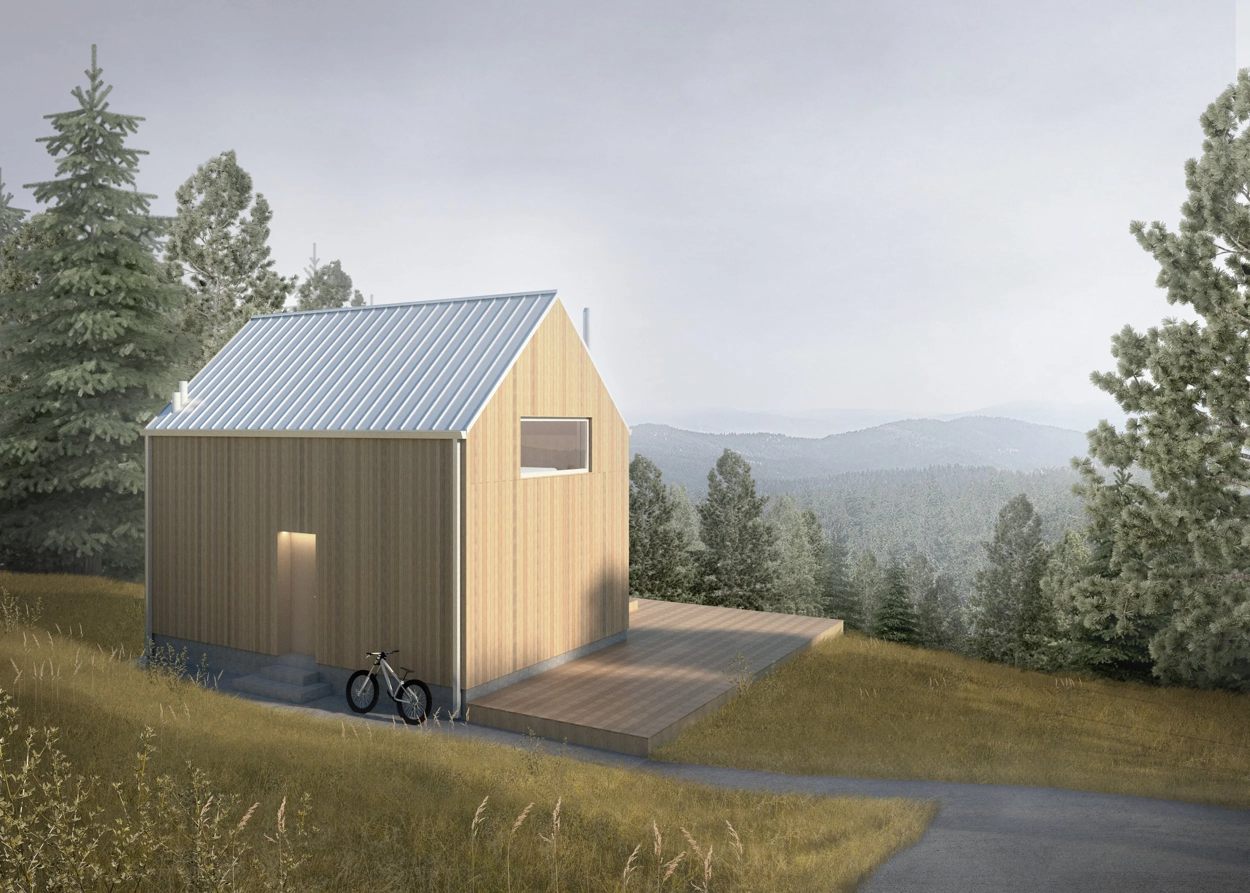 Visualisation of a timber-clad holiday home in the Beskid Wyspowy mountains, with a pitched metal roof and a deck overlooking the landscape.