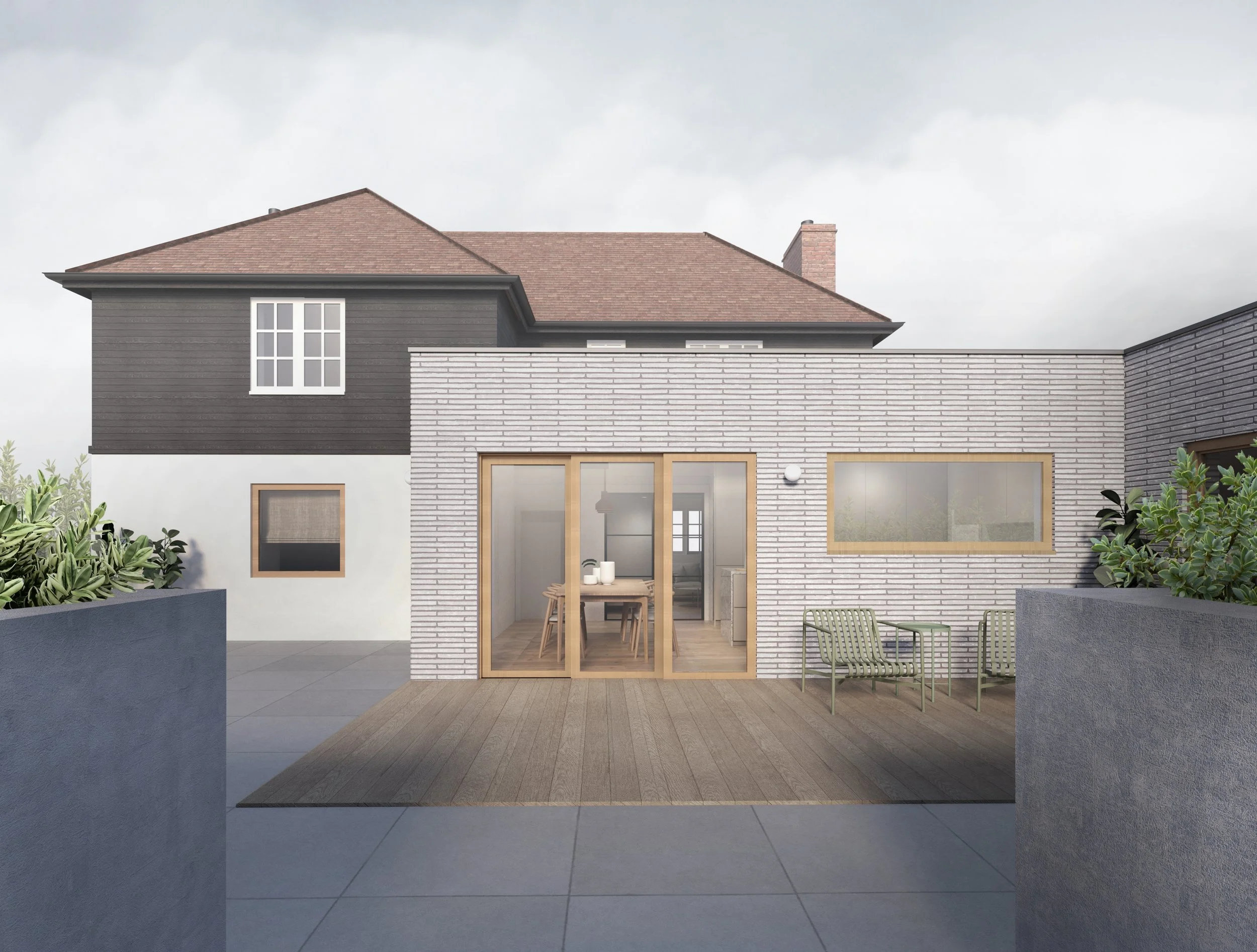 Garden elevation visualisation of St Albans Garden House, with glazed doors, a horizontal window and decking framed by raised planters.