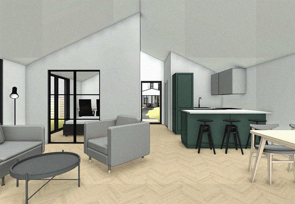 Interior visualisation at Bromley House, with a pitched ceiling, green kitchen cabinetry, a seating area and herringbone flooring.