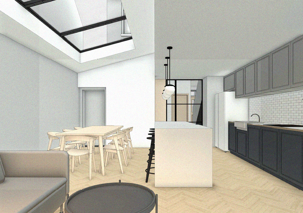 Open plan living area family home renovation.