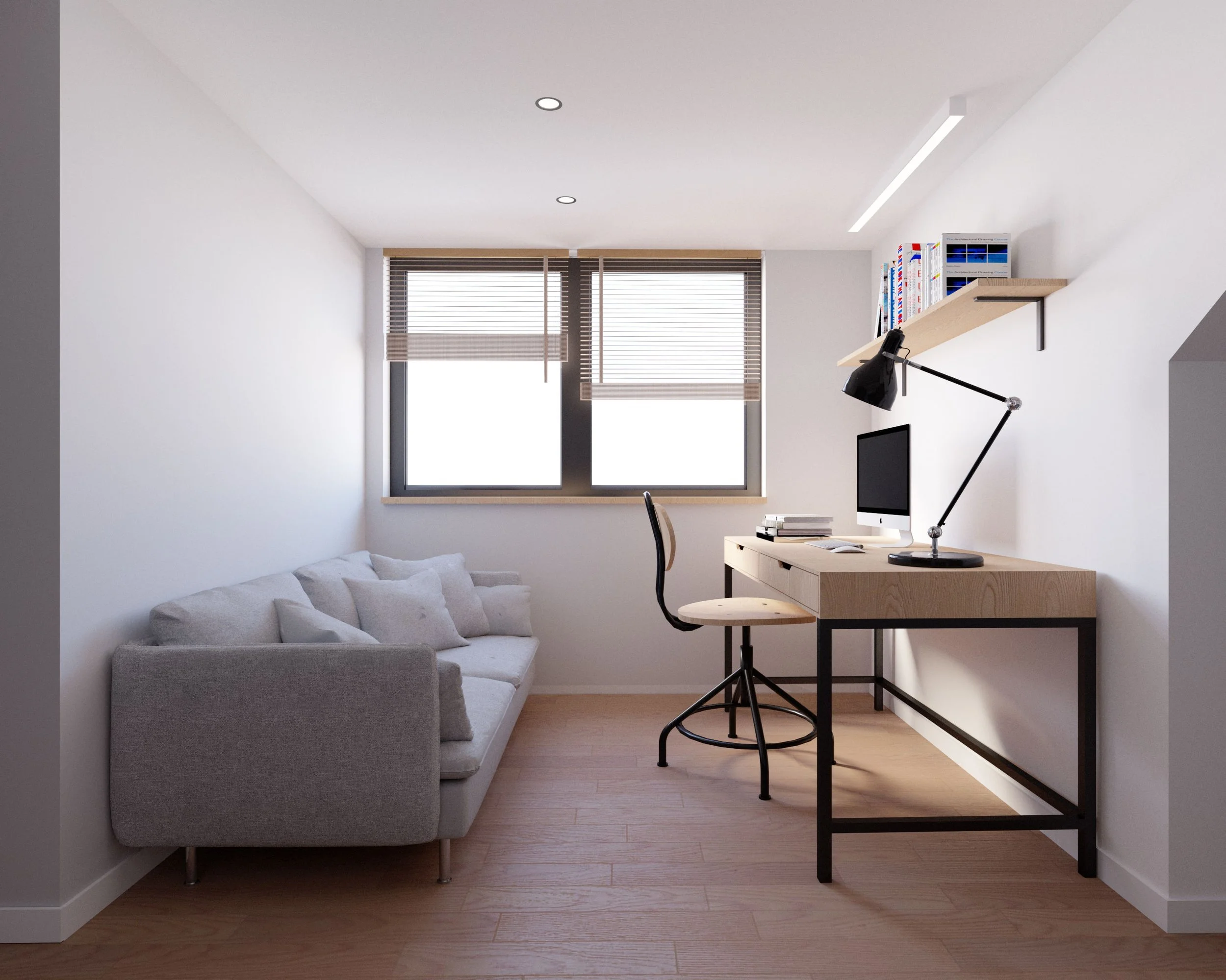 Home office visualisation at Ilford House, with a timber desk, grey sofa, wall-mounted shelf and a wide window with blinds.
