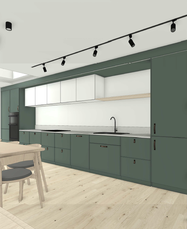 Kitchen detail visualisation with dark green cabinetry, white wall units, a pale worktop, integrated oven and black tap.