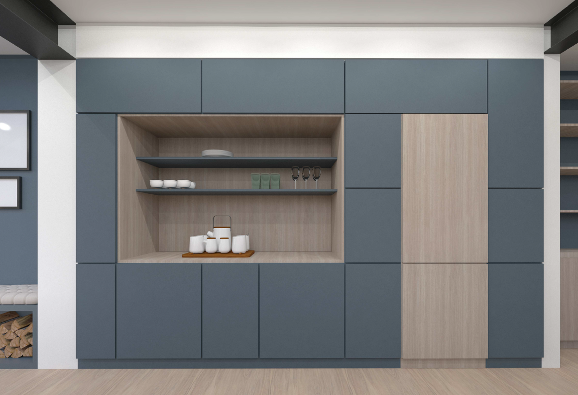 Visualisation of blue-grey fitted cabinetry at Lewisham House, with a timber-lined display recess and open shelves.