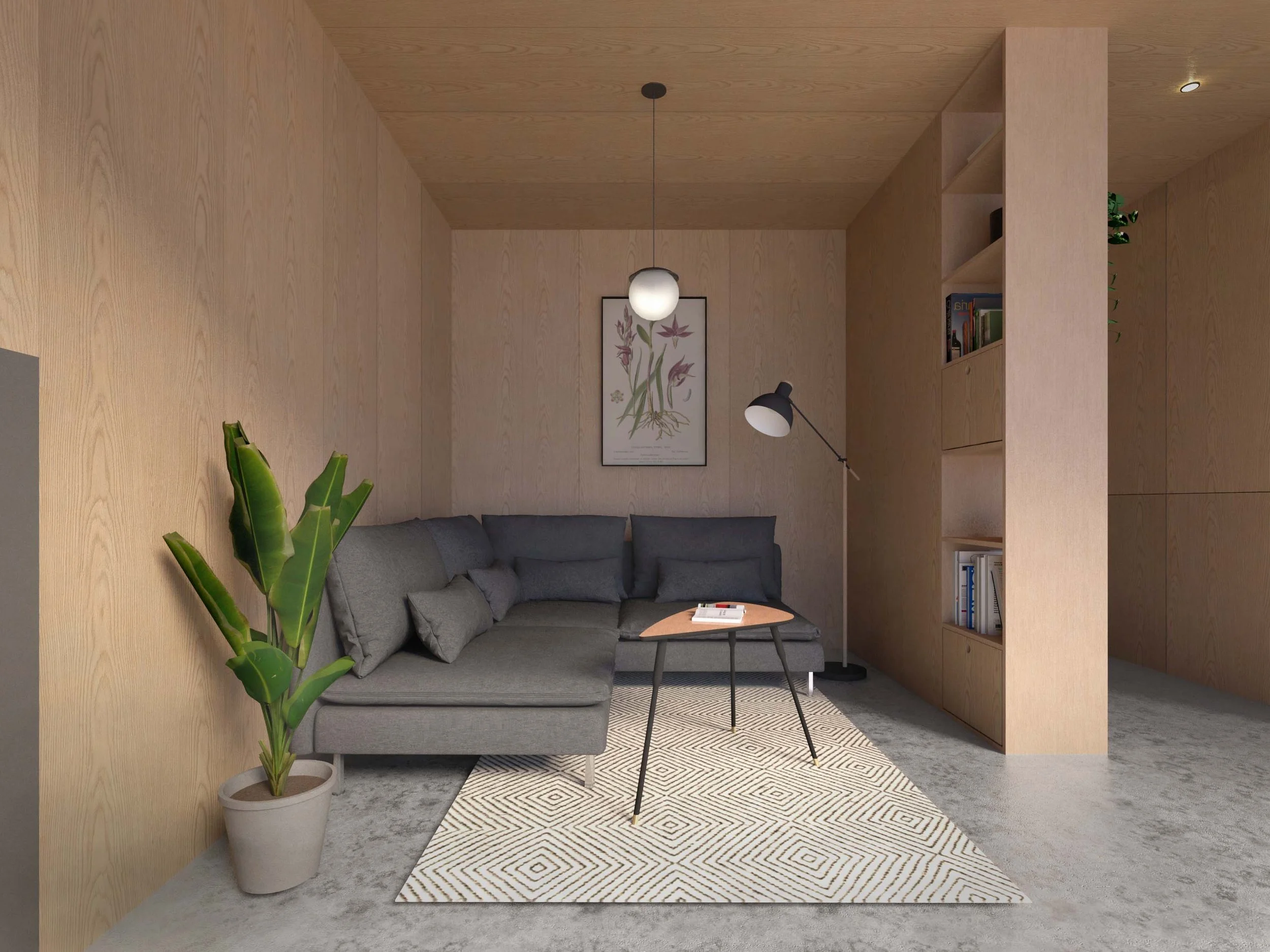Living room visualisation at Northumberland House, with timber-panelled walls, a grey corner sofa, built-in shelving and a patterned rug.