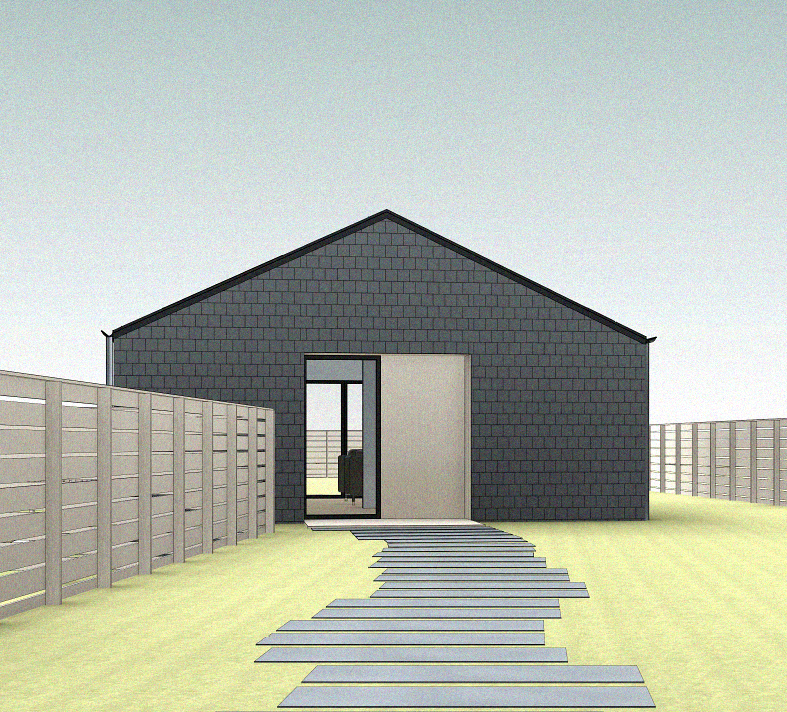 Garden studio visualisation at Bromley House, showing grey tile cladding, a pitched roof and a stepping-stone path to the entrance.