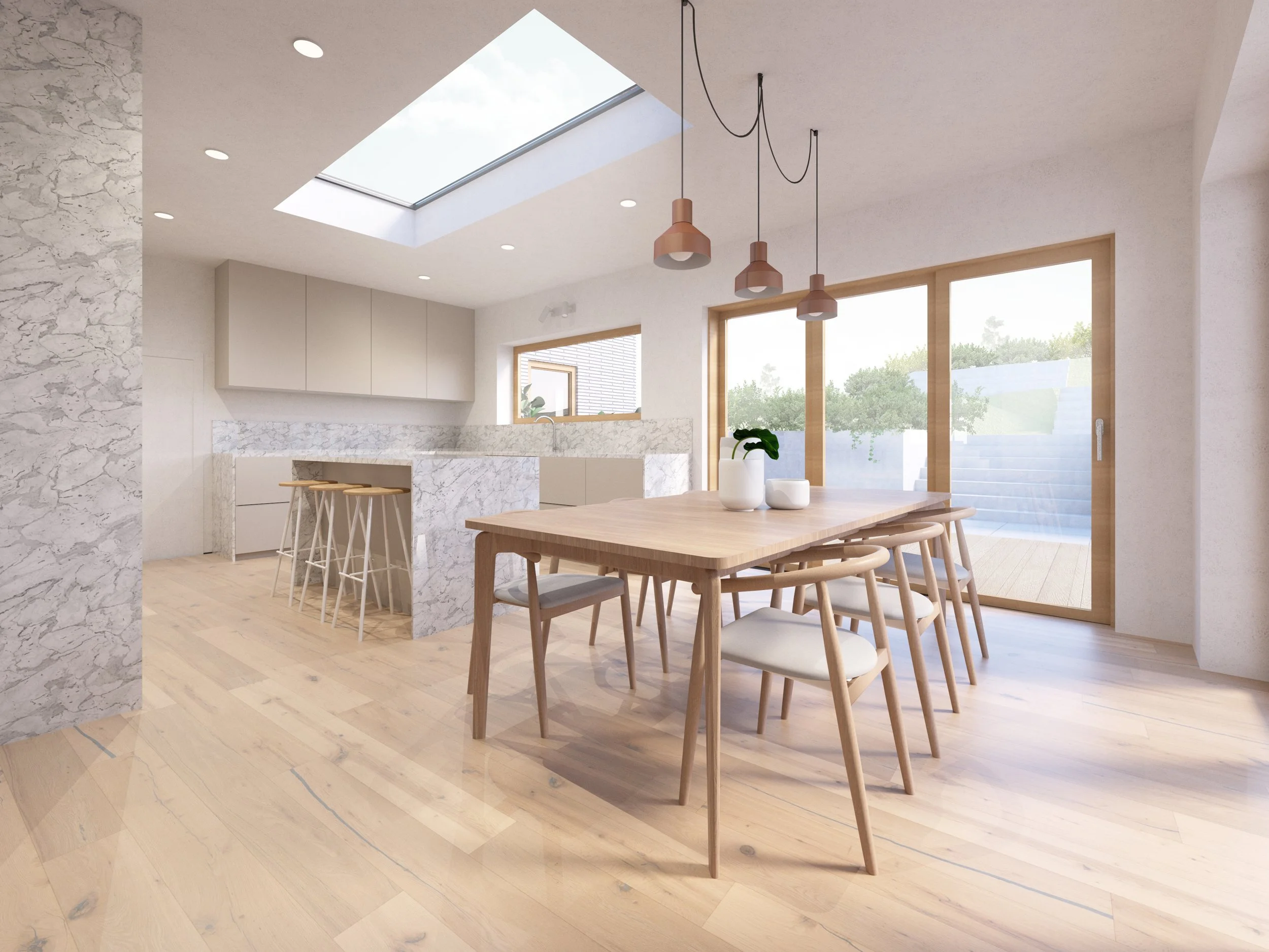 Interior visualisation of St Albans Garden House, showing an open-plan kitchen and dining area with a large rooflight and glazed garden doors.