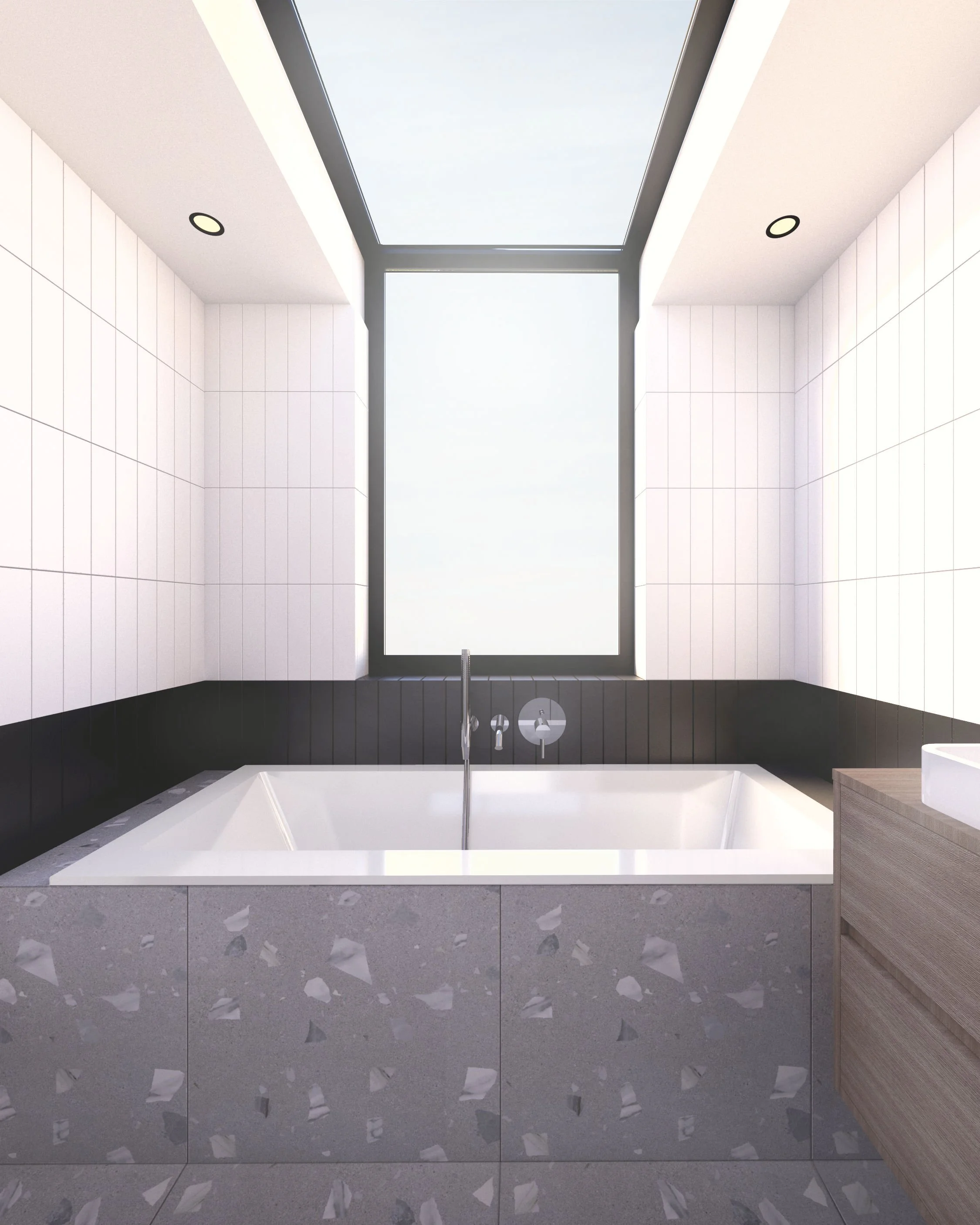 Loft bathroom visualisation at Ilford House, showing a bath with a terrazzo surround beneath a rooflight and tall window.