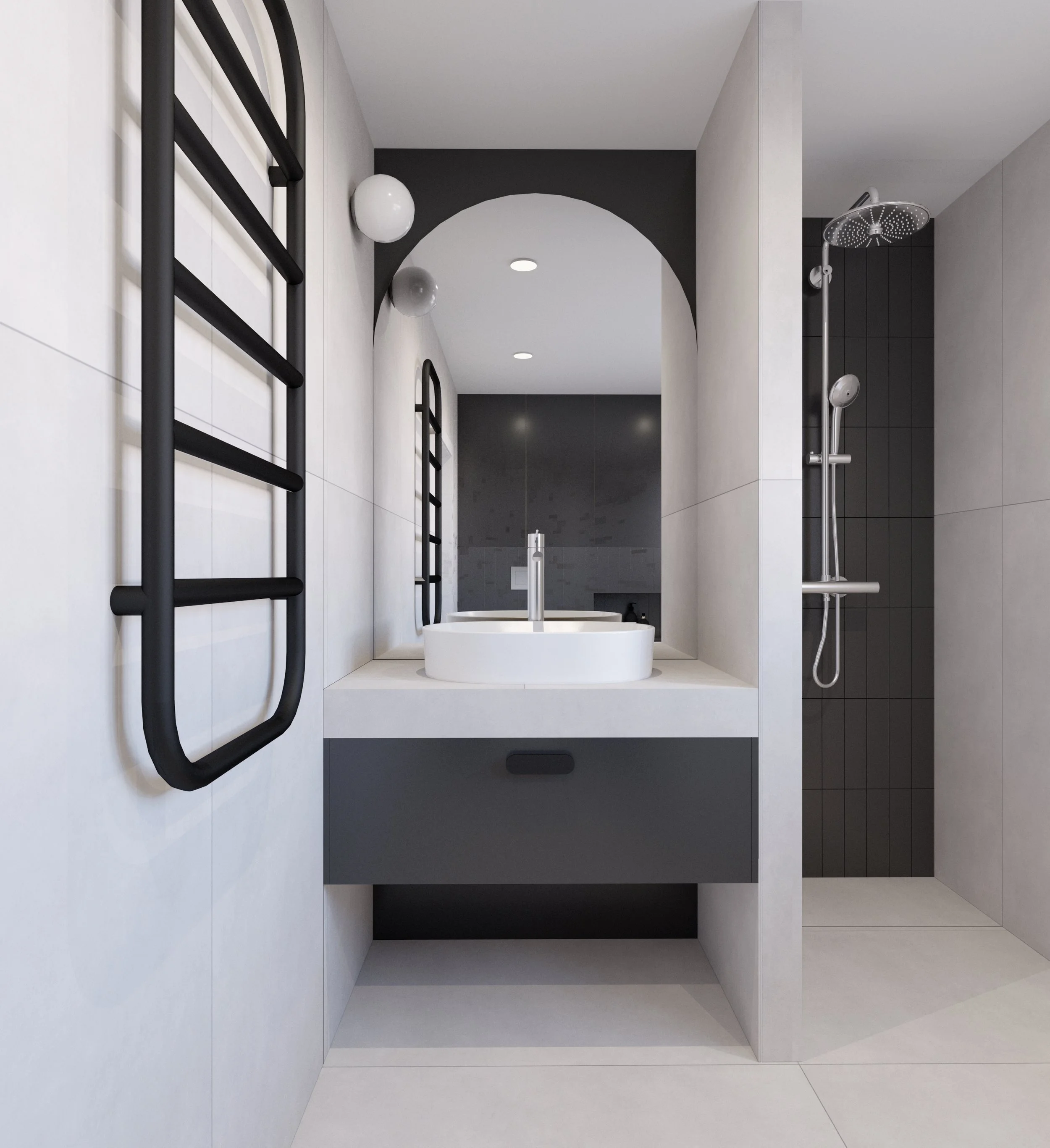 Bathroom visualisation at St Albans Garden House, with an arched mirror, wall-hung vanity, dark towel rail and walk-in shower.