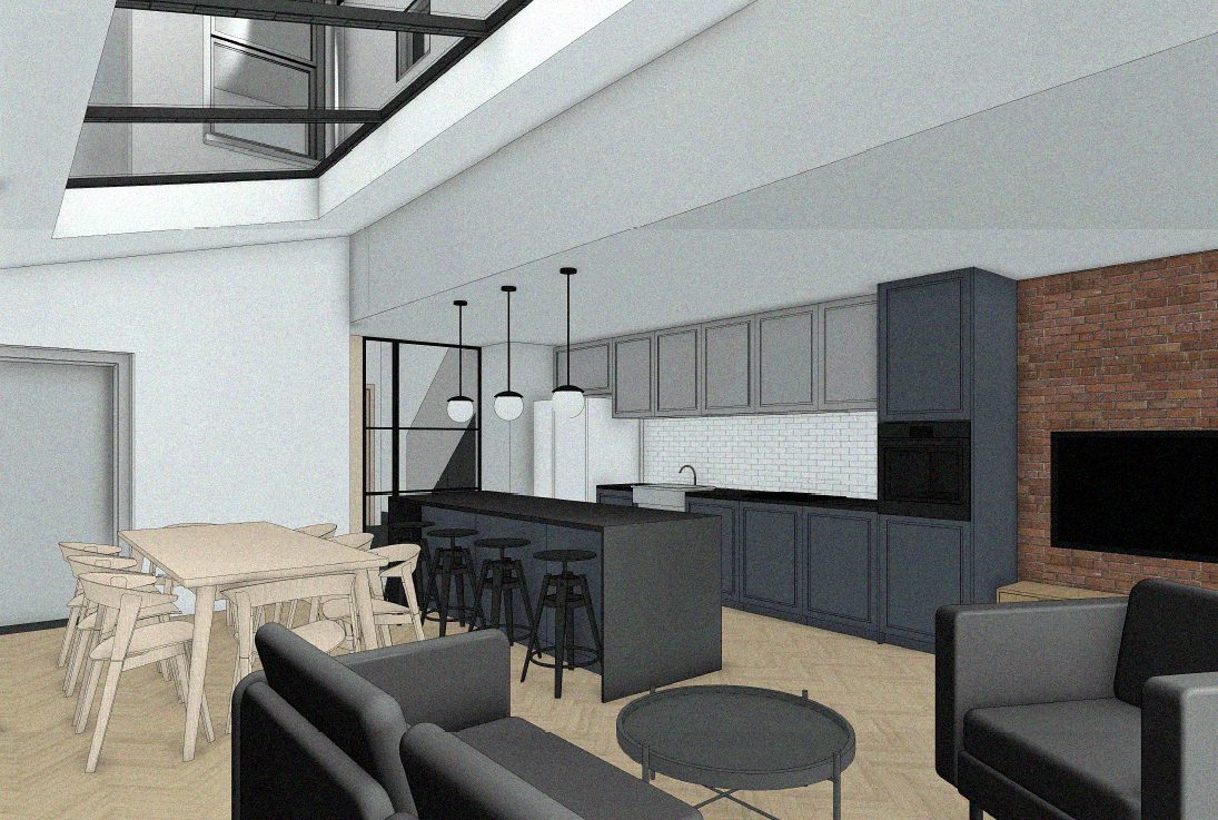 Living and kitchen area visualisation at Bromley House, showing a dark breakfast bar, black stools and grey seating beneath a rooflight.