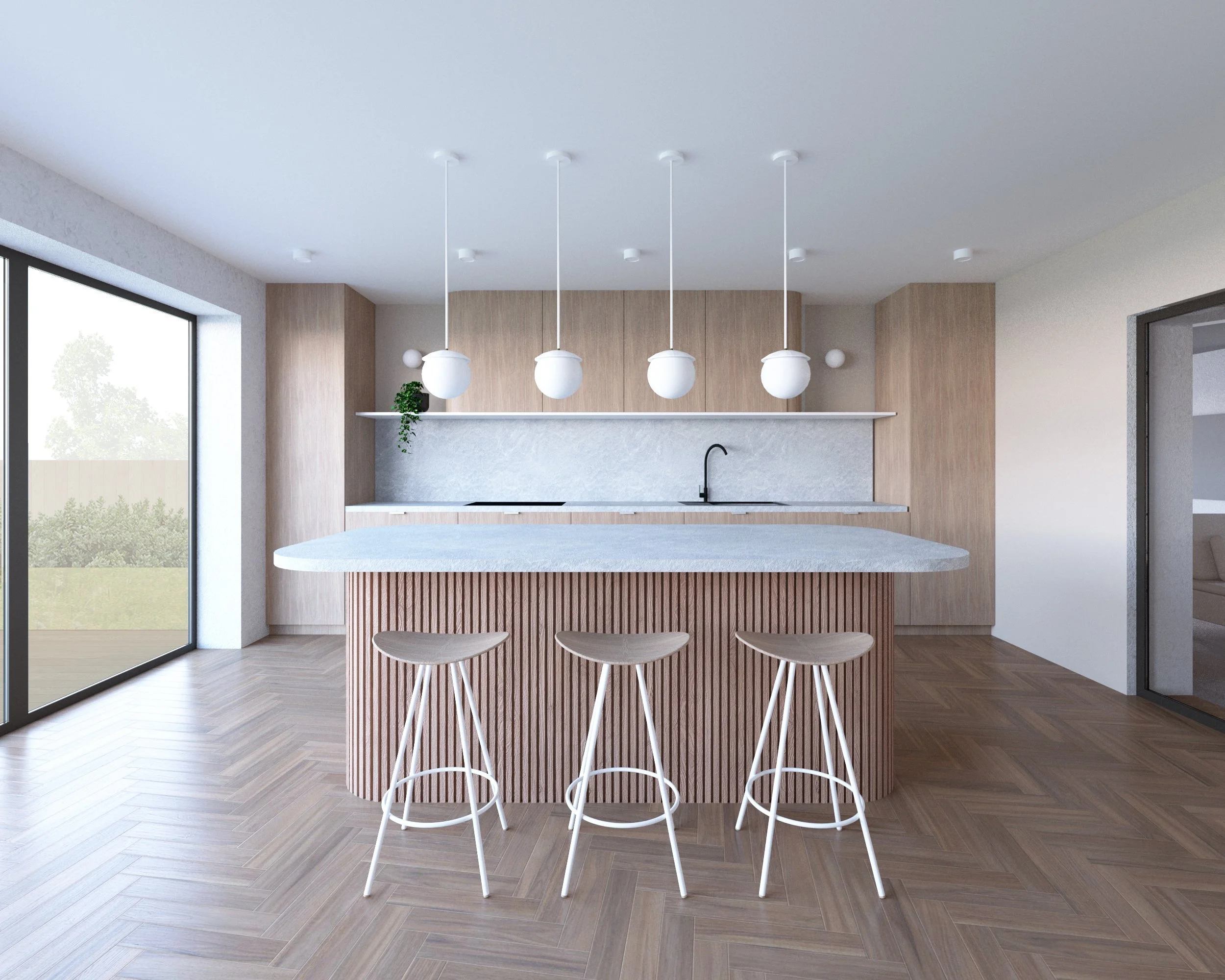Kitchen visualisation at Wimbledon House, with a curved fluted island, oak cabinetry, globe pendant lights and herringbone timber flooring.