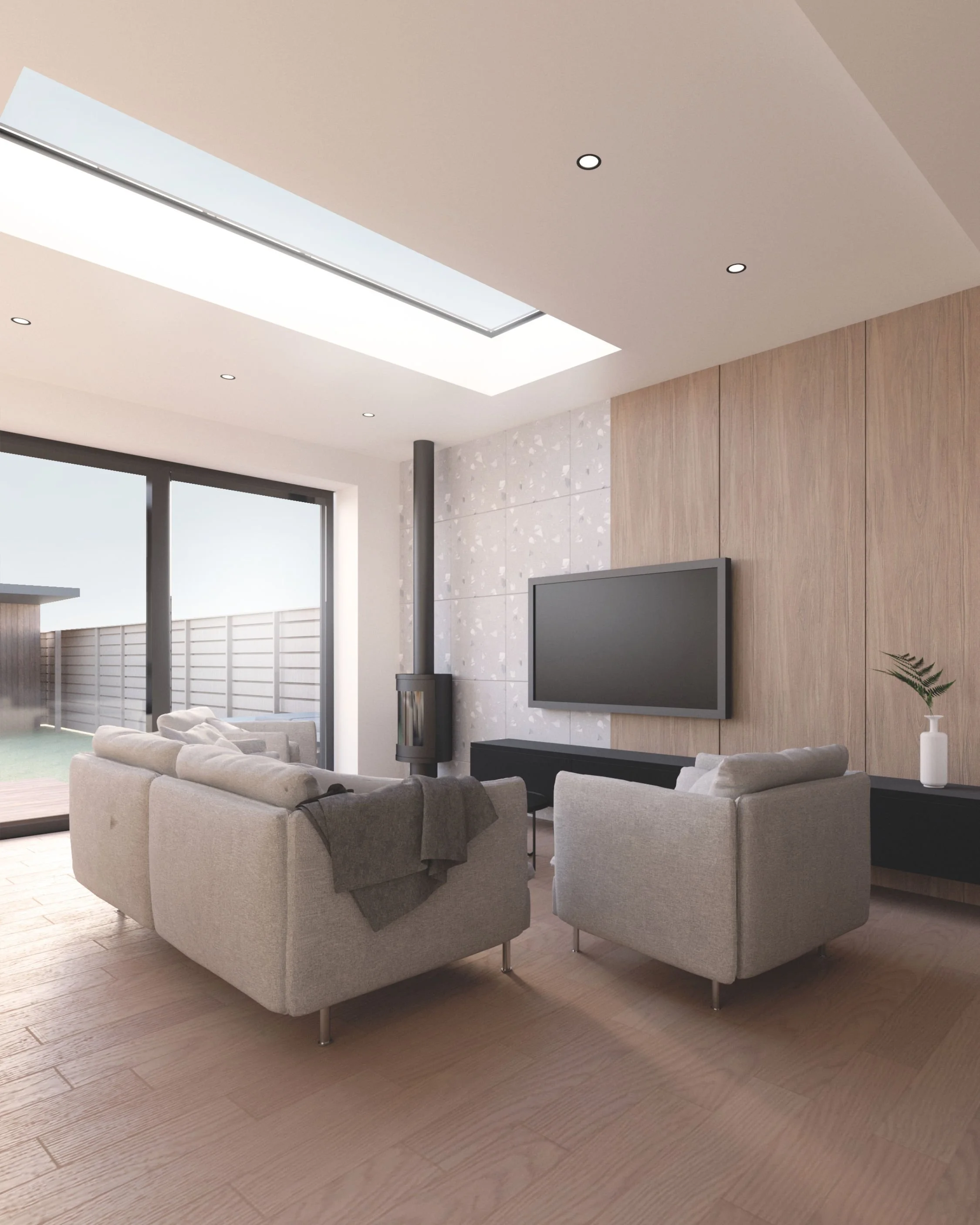 Living room visualisation at Ilford House, with a long rooflight, timber wall panelling, pale seating and glazed doors overlooking the garden.