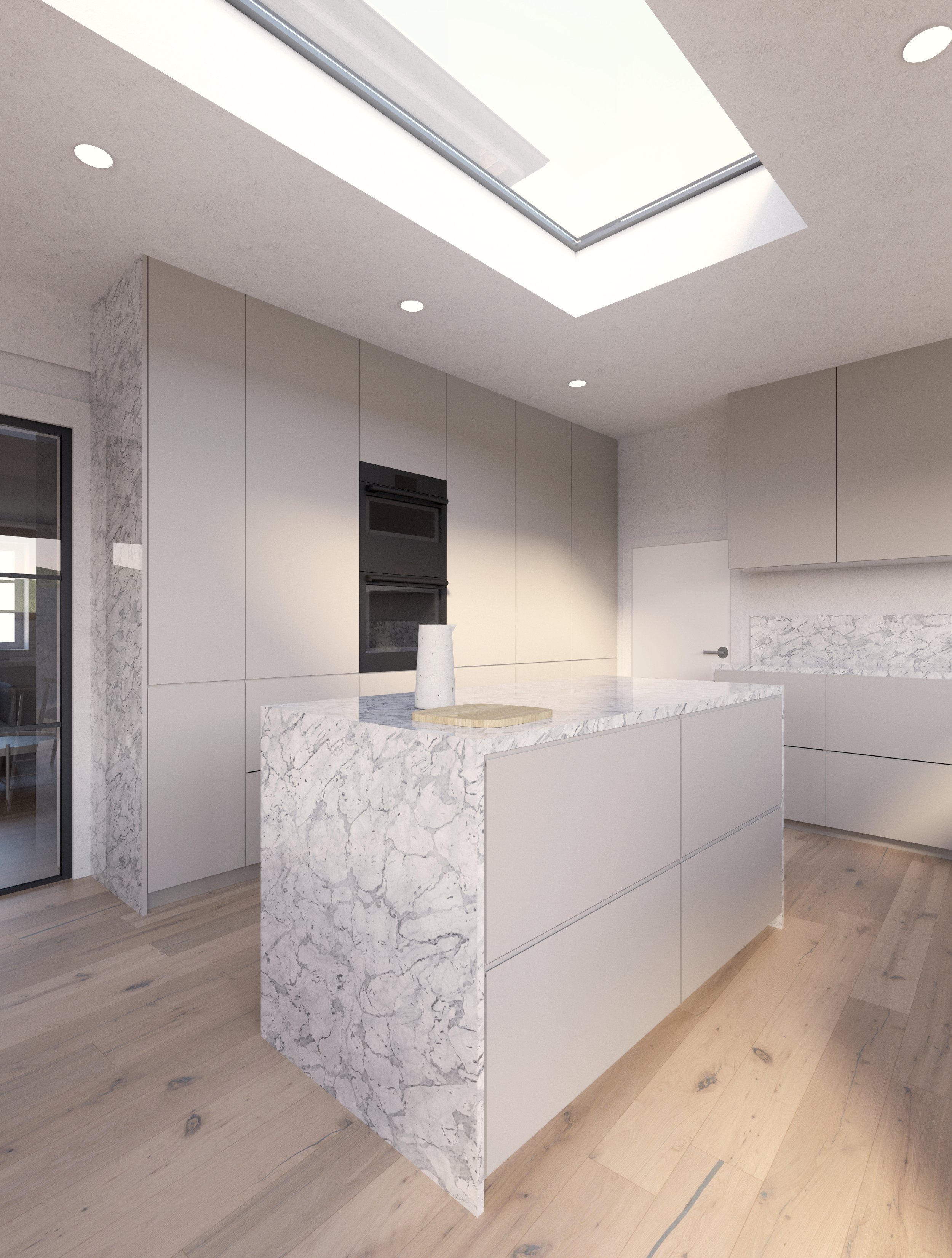 Kitchen visualisation at St Albans Garden House, showing pale cabinetry and a white island with grey veining beneath a rooflight.