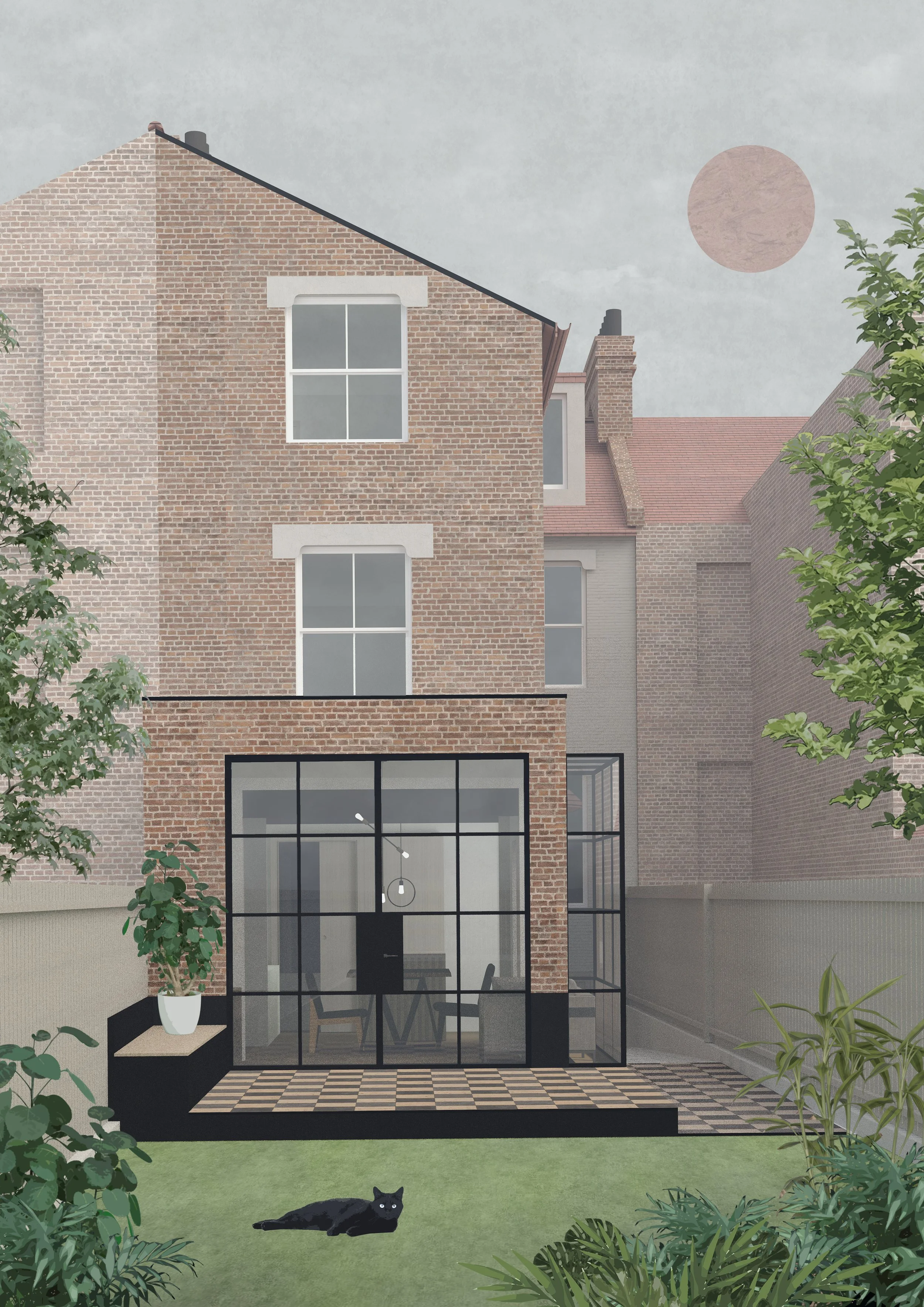 Rear elevation illustration of Lewisham House in South East London, showing the brick extension, black-framed glazing and patterned patio.
