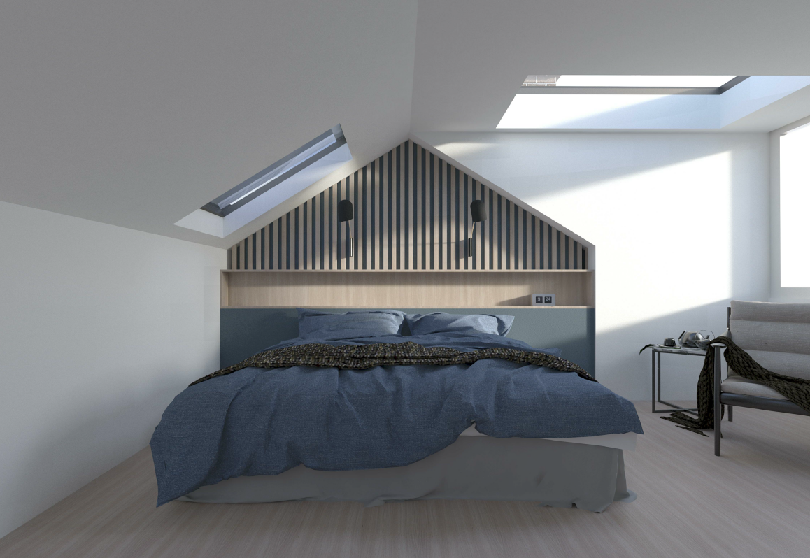 Loft bedroom visualisation at Lewisham House, with two rooflights, a slatted feature wall and shelving above the bed beneath a pitched ceiling.