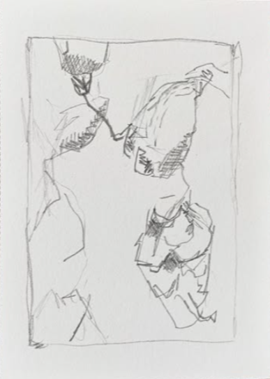 Kristin Evju Nordentoft. A simple pencil sketch of two figures in a rectangular frame. One appears to be holding an umbrella, and both seem to be engaged in an outdoor scene.