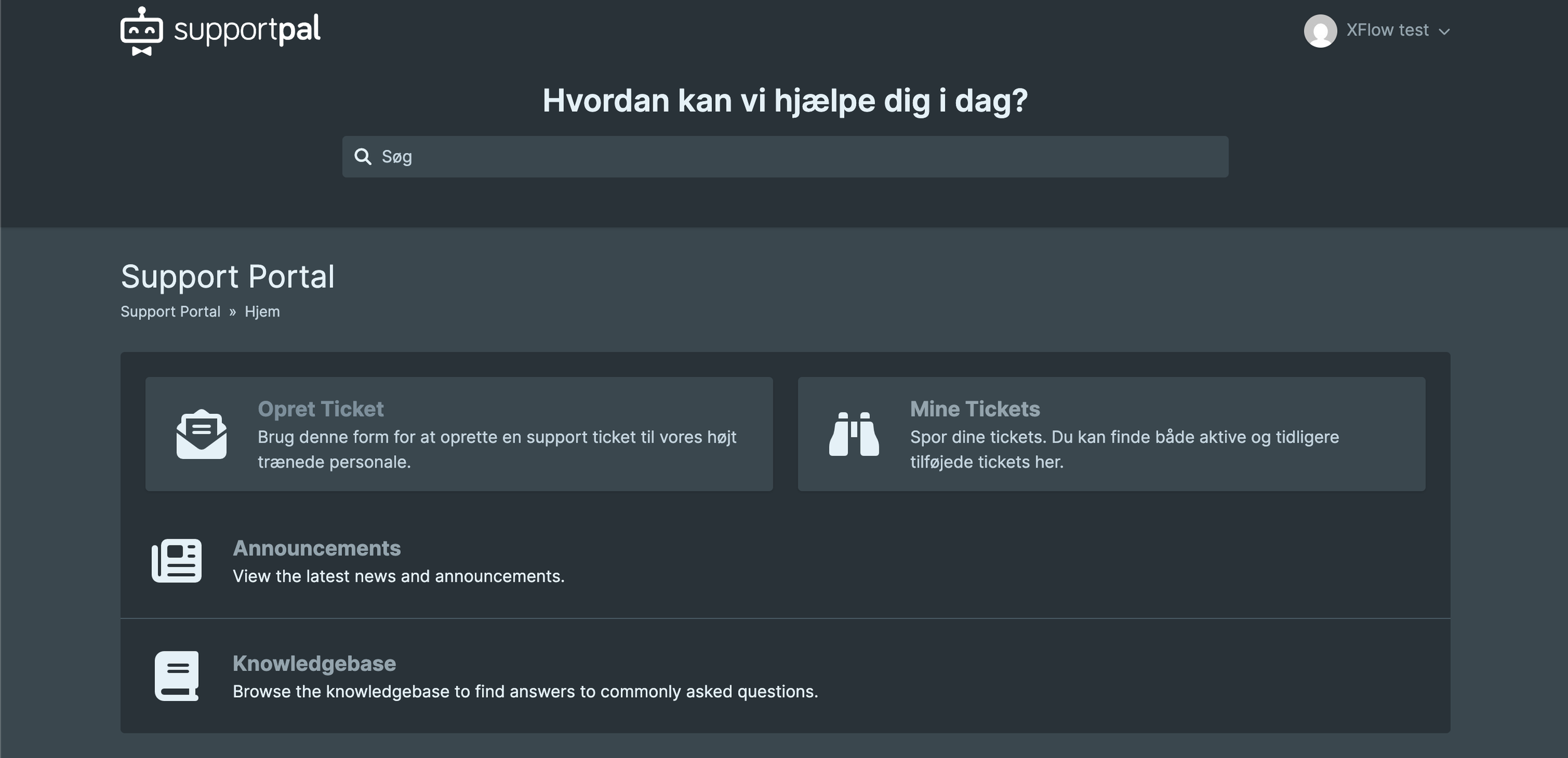 Skærmbillede af Support Pal's supportportal med muligheder for at oprette supportbilletter, følge billetter, se nyheder og adgang til videnbase