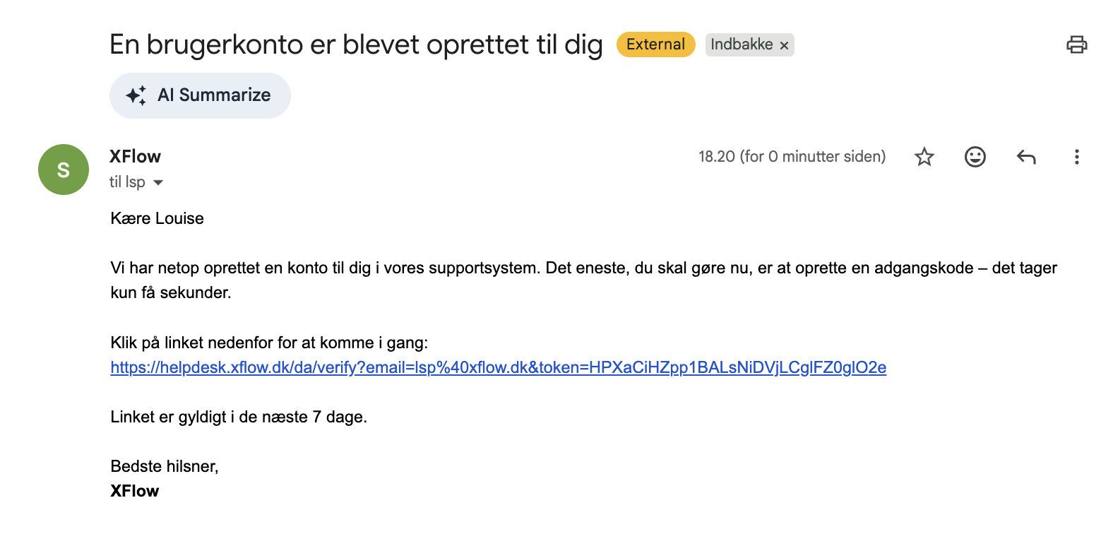 E-mail besked om brugerkontooprettelse med link til verifikation.