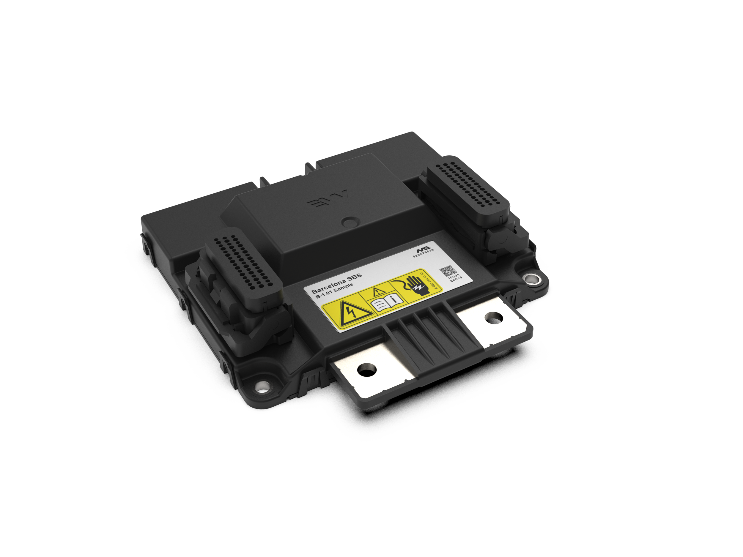 The SBS High platform of Munich Electrification on a transparent background. The SBS High is an integrated battery management control unit, combining an accurate current sensor with a high performance battery management control unit