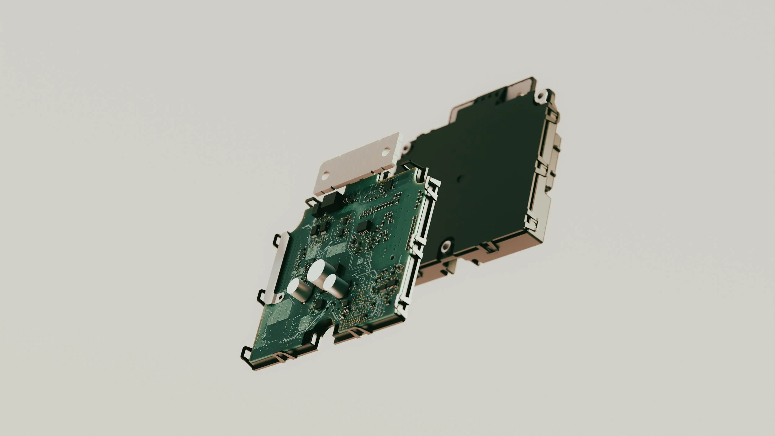 The inside of the SBS High platform of Munich Electrification on a light beige background. The SBS High is an integrated battery management control unit, combining an accurate current sensor with a high performance battery management control unit