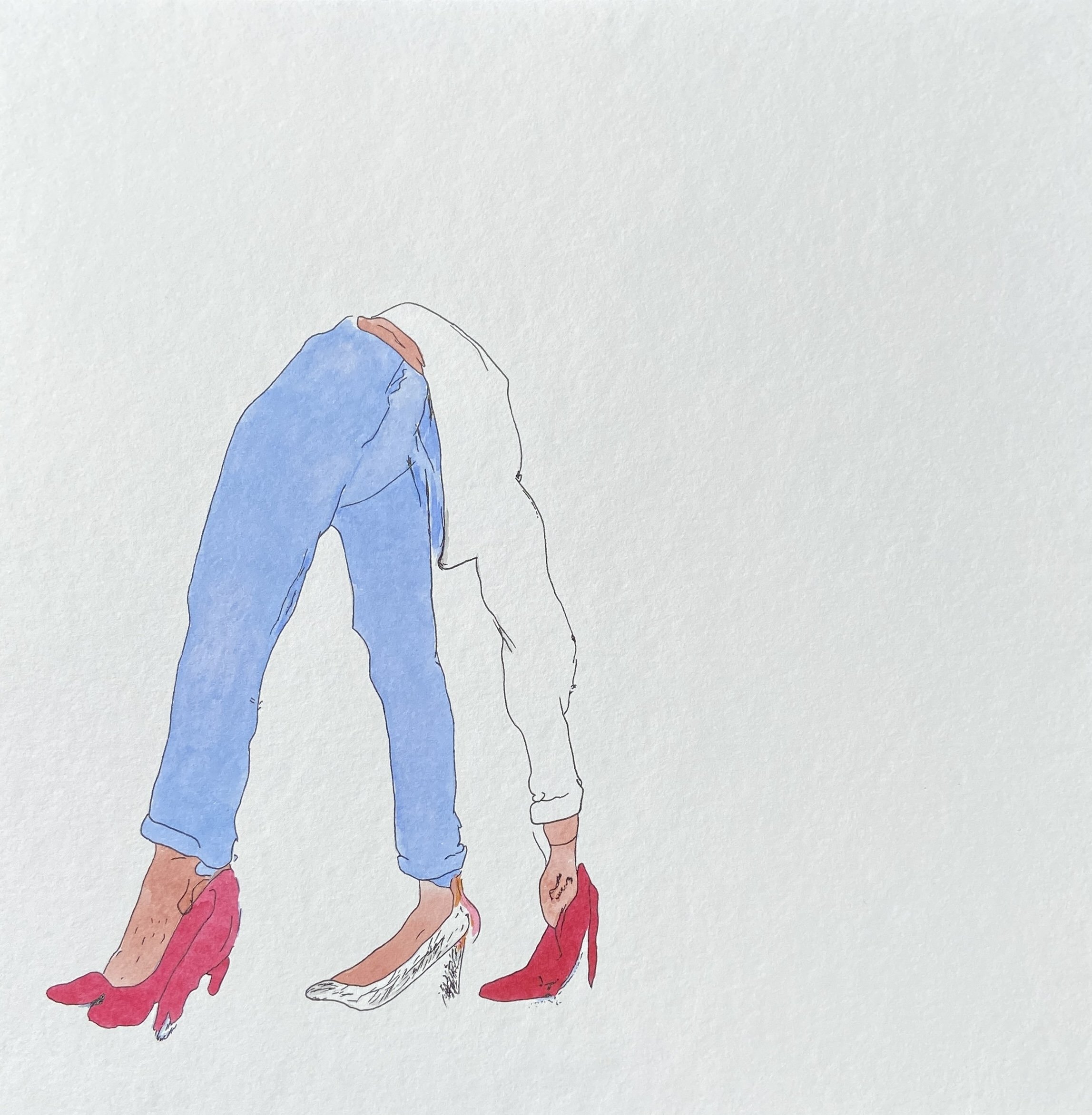 'a drawing of a woman in blue shirt and red shoes' from "put (oneself) in (someone's) shoes series, 2023. Watercolor markers and ink on paper - 25 x 25 cm
