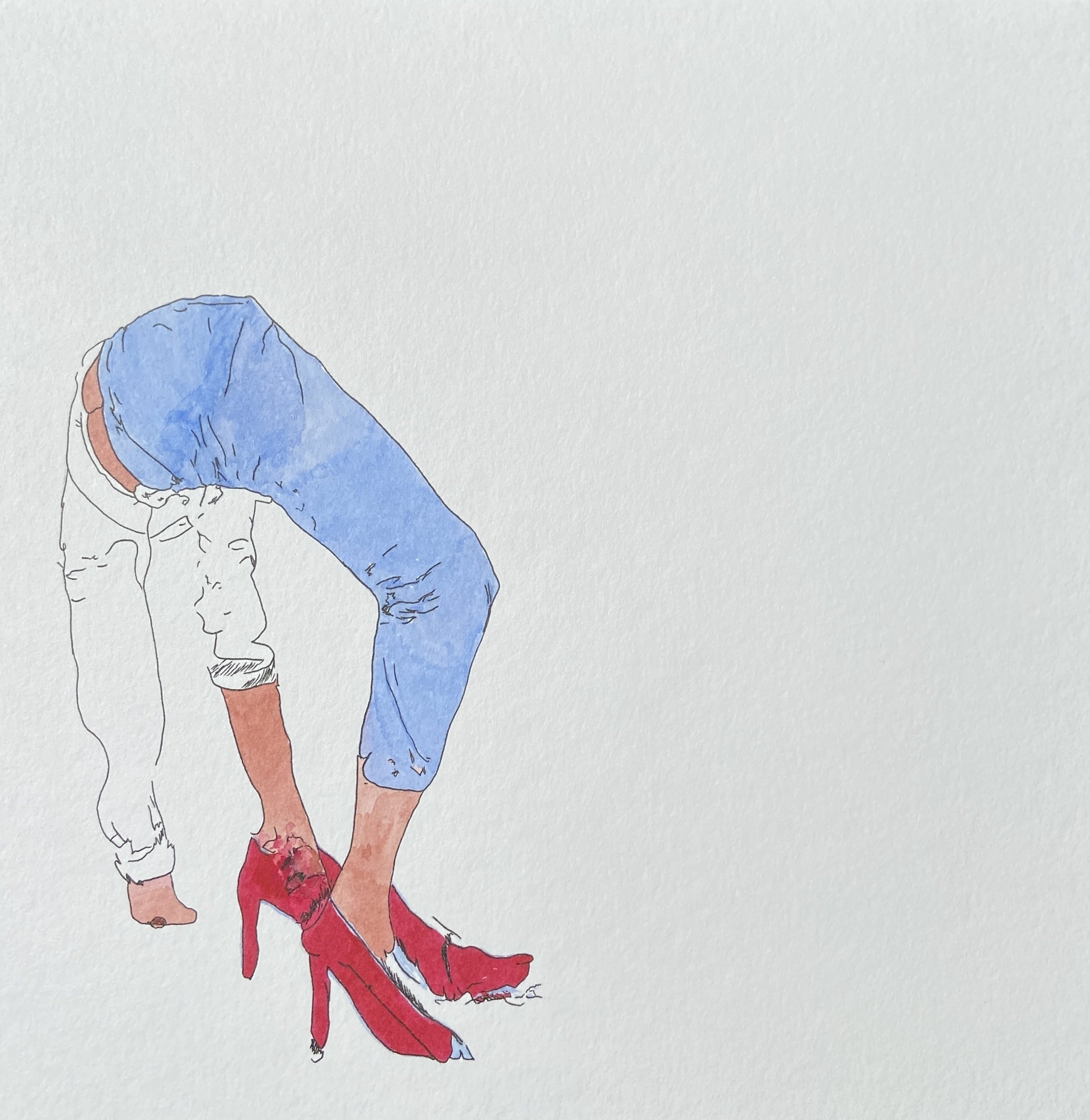 'a drawing of a woman in red shoes' from "put (oneself) in (someone's) shoes series, 2023. Watercolor markers and ink on paper - 25 x 25 cm