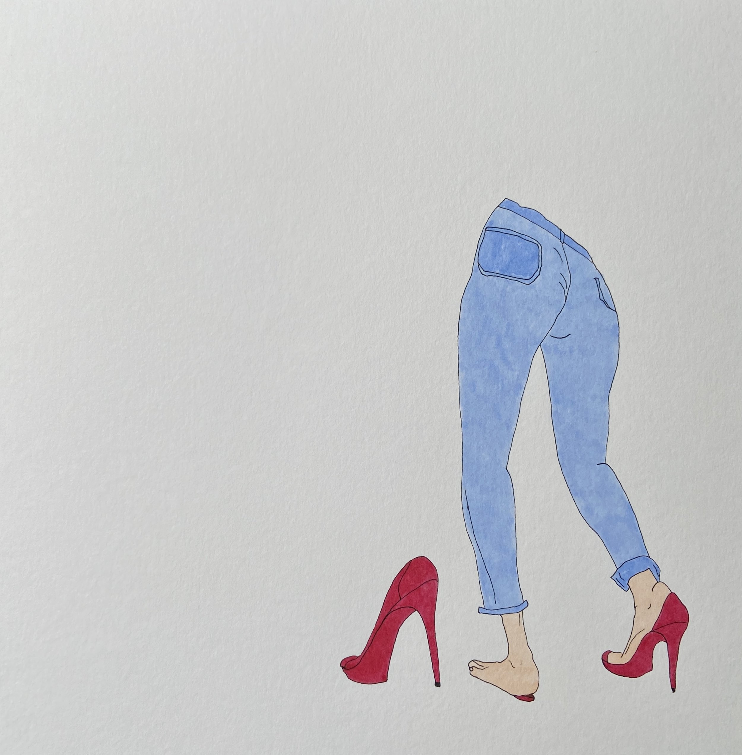 ‘stilletto stance' from "put (oneself) in (someone's) shoes series, 2023. Watercolor markers and ink on paper - 25 x 25 cm