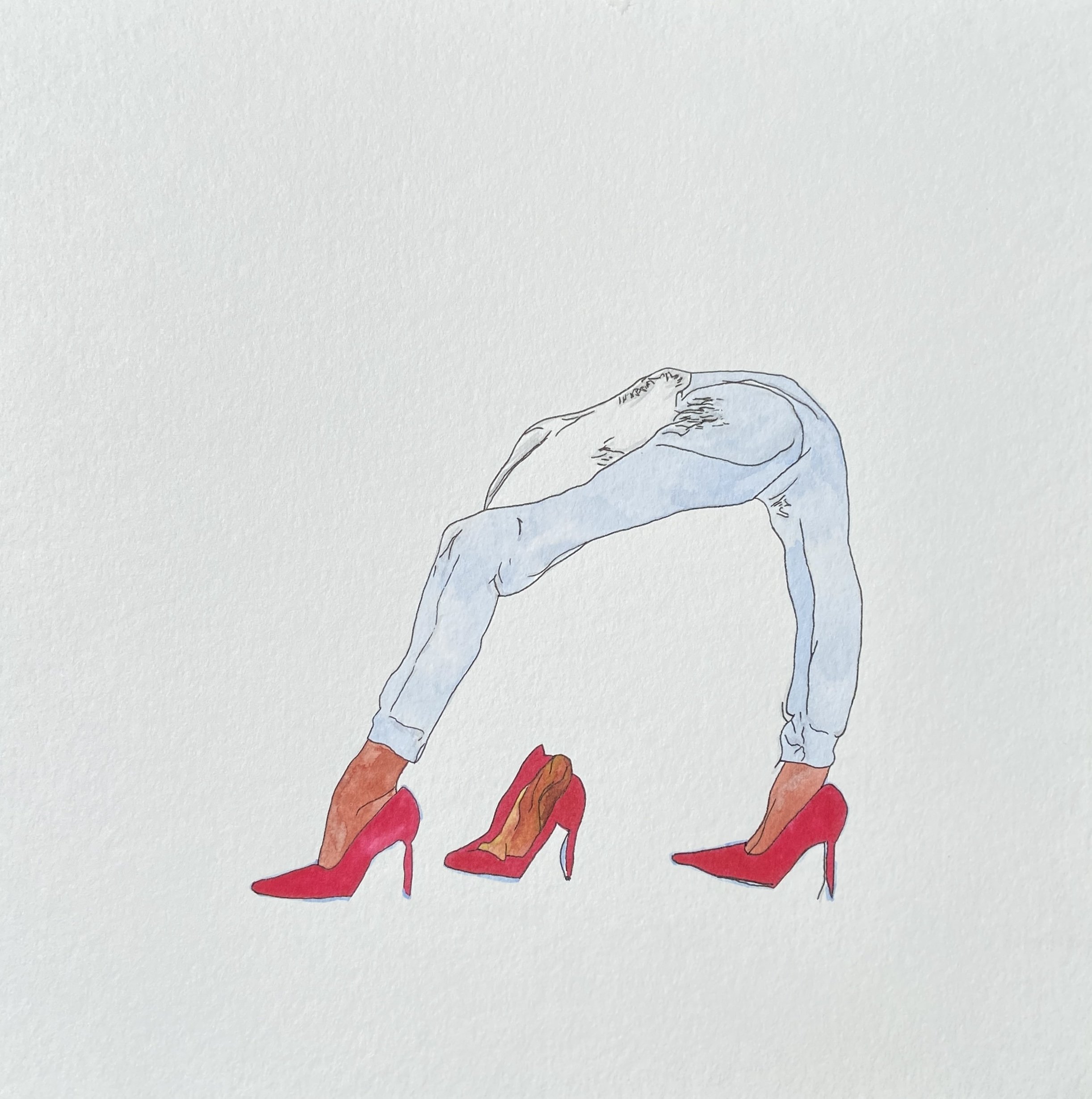'a drawing of a woman in high heels' from "put (oneself) in (someone's) shoes series, 2023. Watercolor markers and ink on paper - 25 x 25 cm