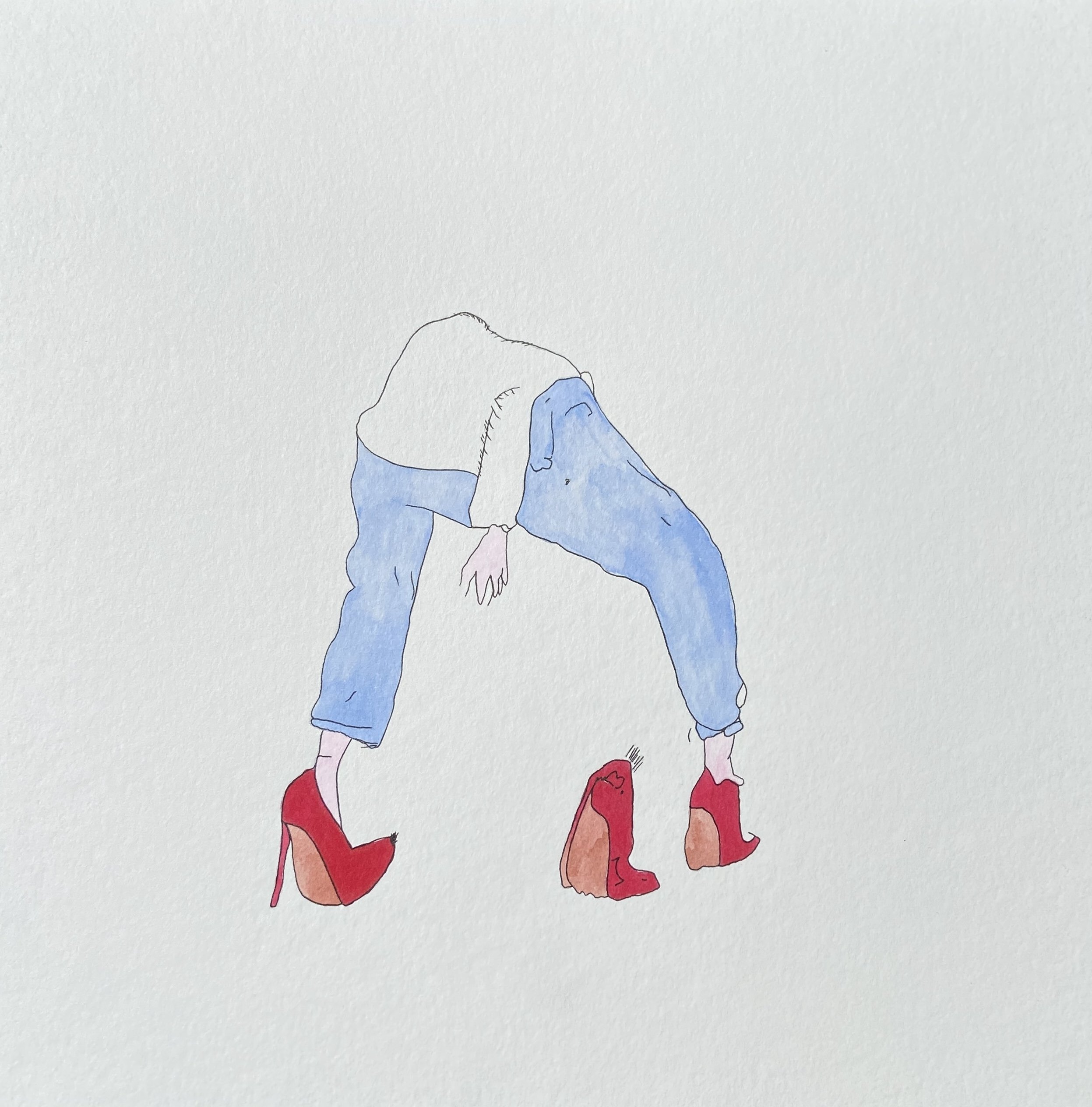 'a drawing of a person wearing a white shirt and blue jeans' from "put (oneself) in (someone's) shoes series, 2023. Watercolor markers and ink on paper - 25 x 25 cm