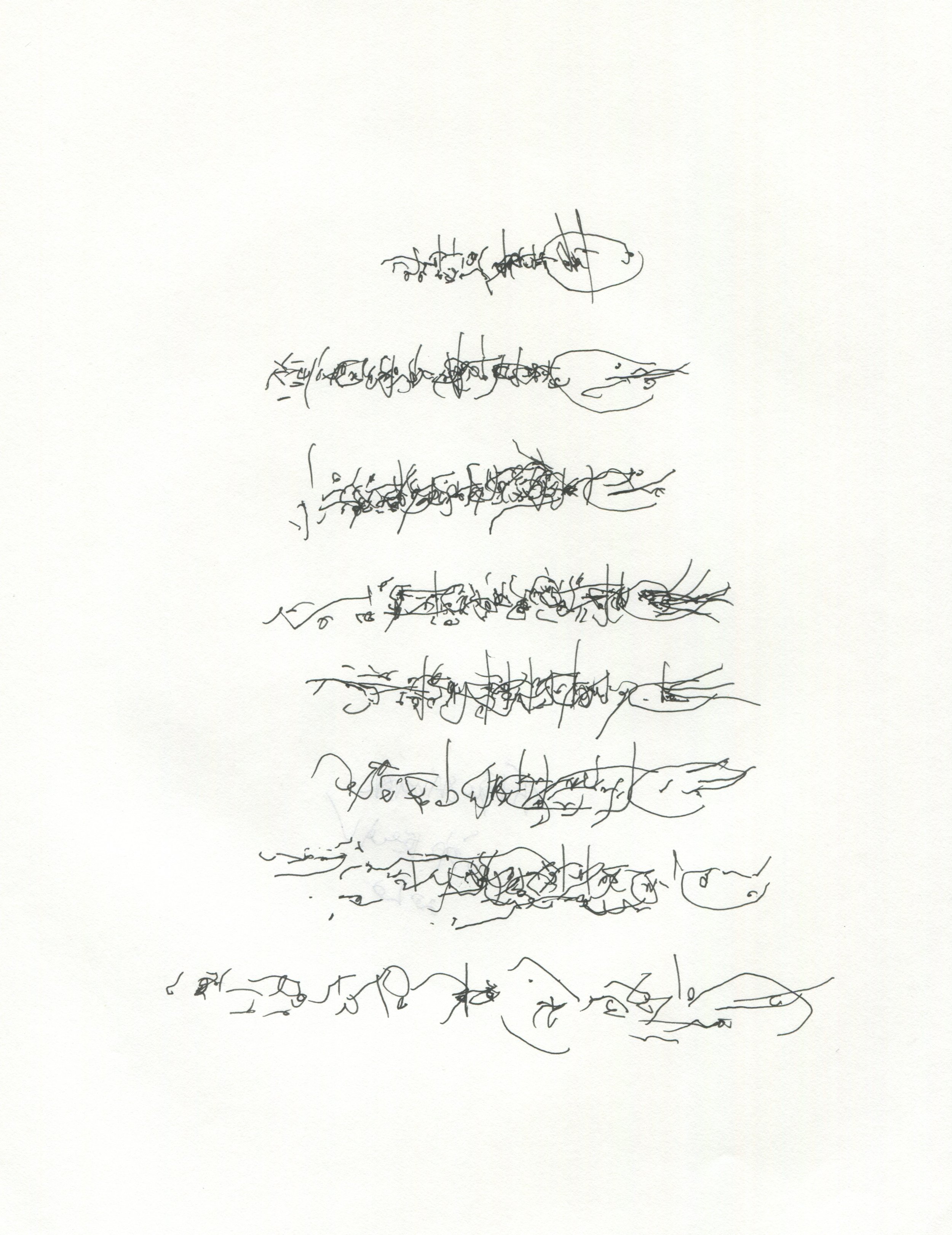 'la crevette' from "Asemic letters" series, 2020. Gel pen on paper - 19 x 24 cm