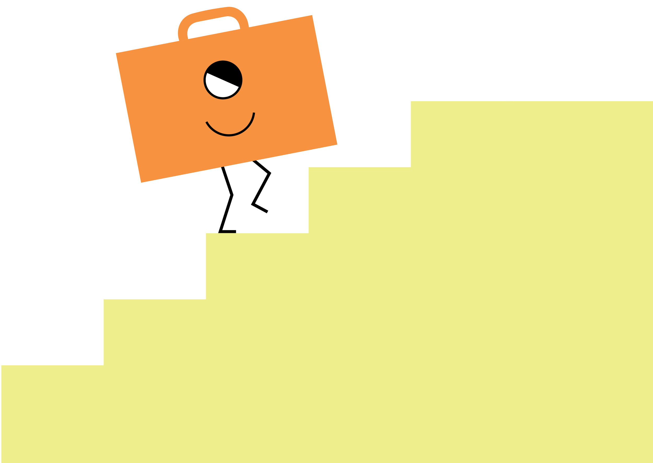 Orange suitcase character walking up the stairs