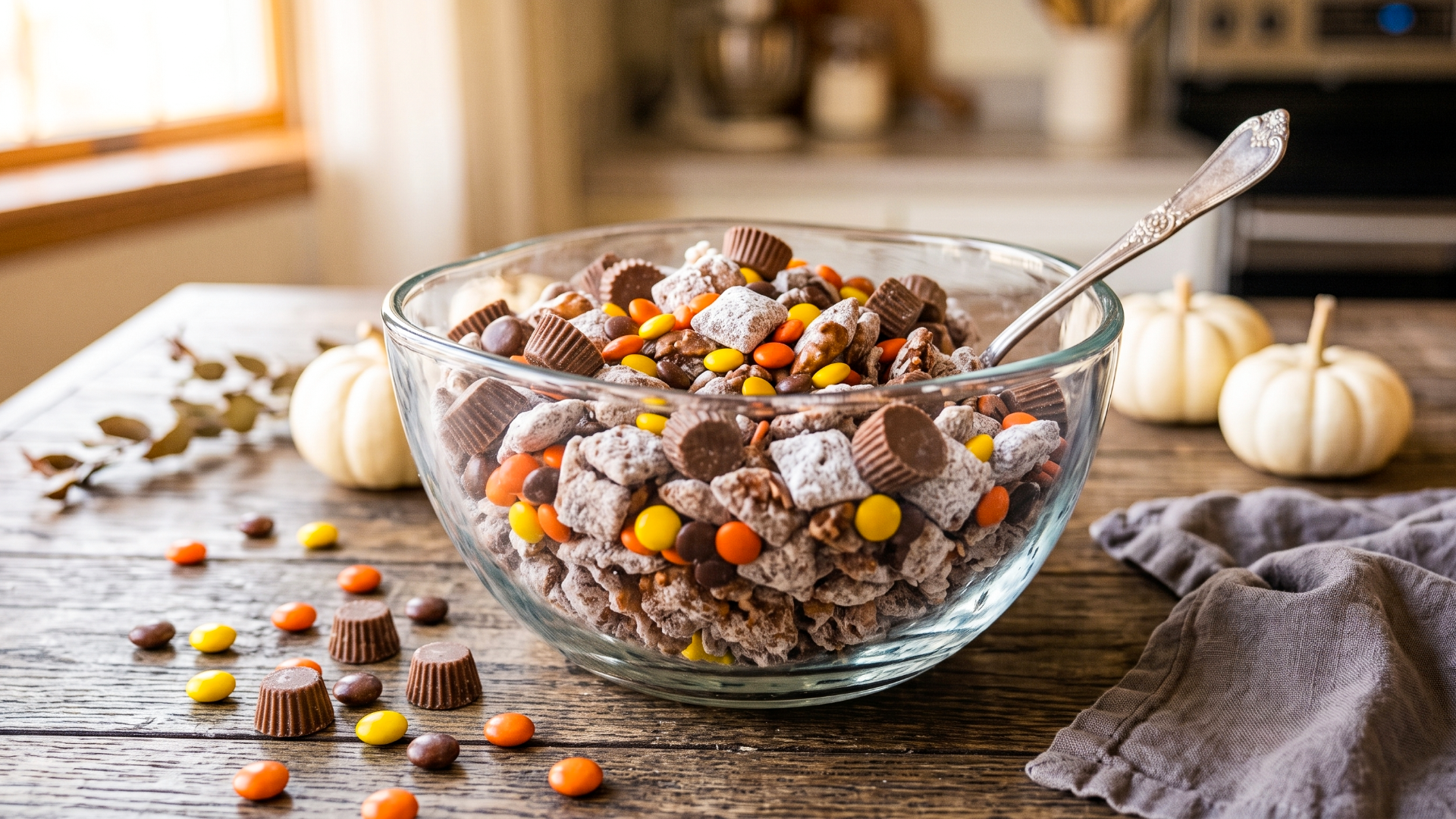 A bowl of Halloween-themed puppy chow mix with peanut butter candies, pretzels, and other treats mixed in. The bowl sits on a kitchen counter decorated for Halloween.