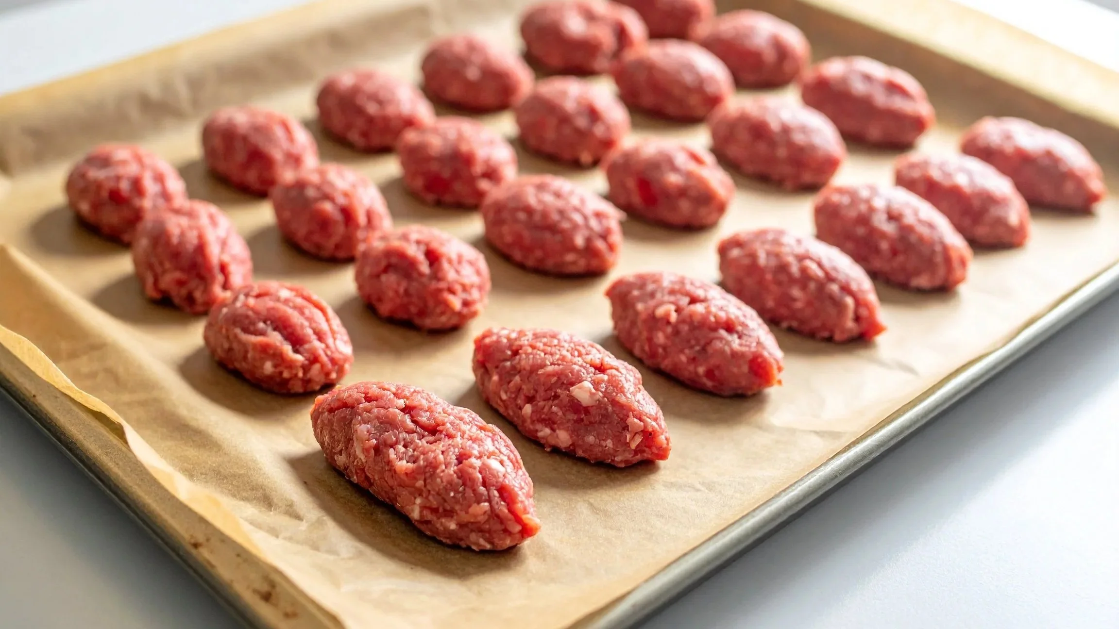 Football-shaped meatballs arranged on a baking sheet before baking