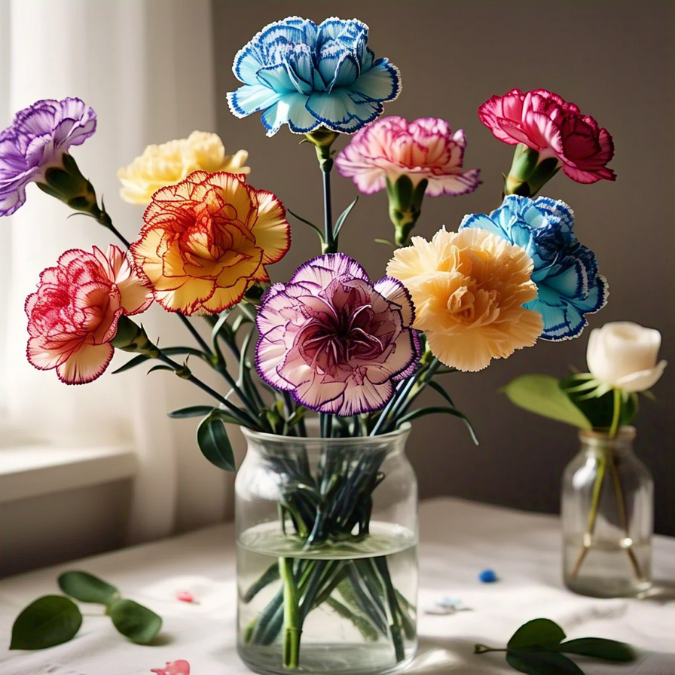 Vase of carnations dyed in vibrant Easter colors that makes a great Easter centerpiece and a creative kids' craft activity.