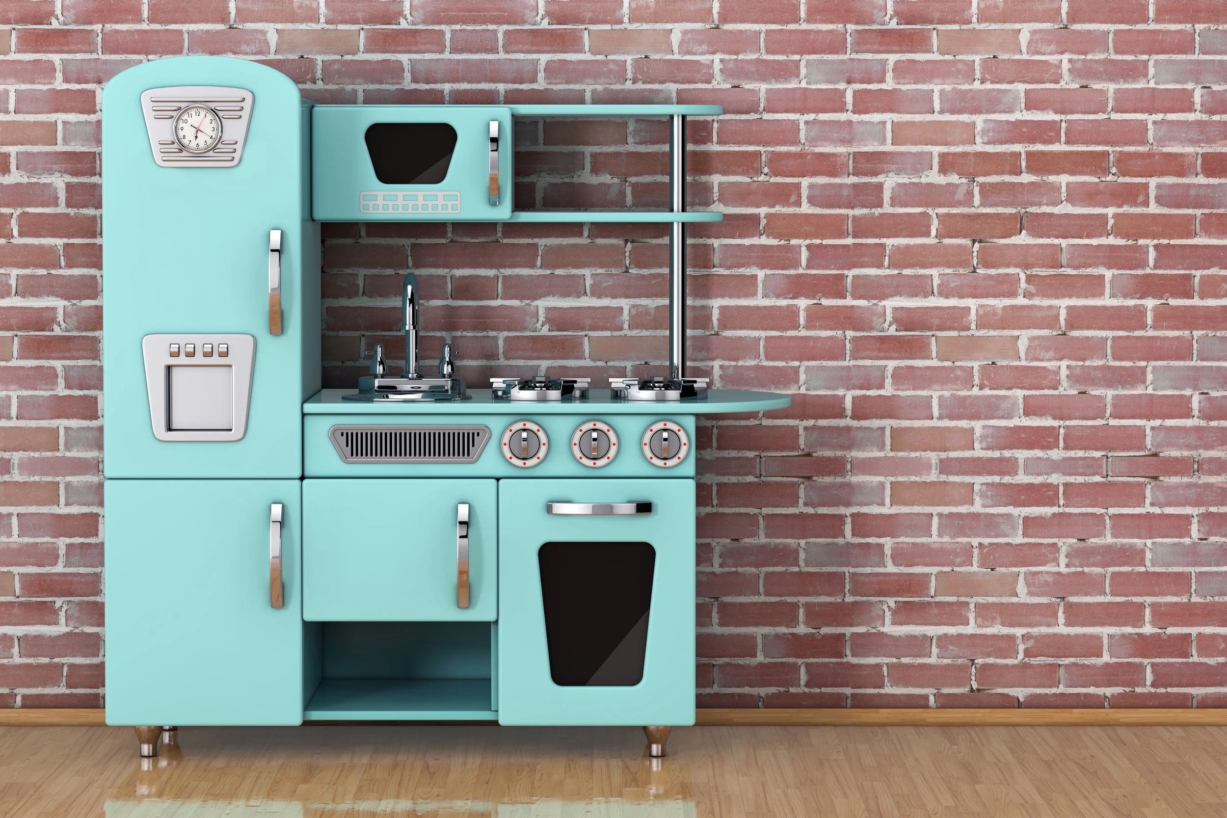 Turquoise Kidkraft vintage toy kitchen on a red brick background