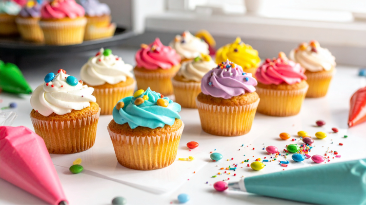 A collection of decorated cupcakes with various frosting colors, sprinkles, and chocolate candies, sitting next to bright pink and blue piping bags on a white countertop.