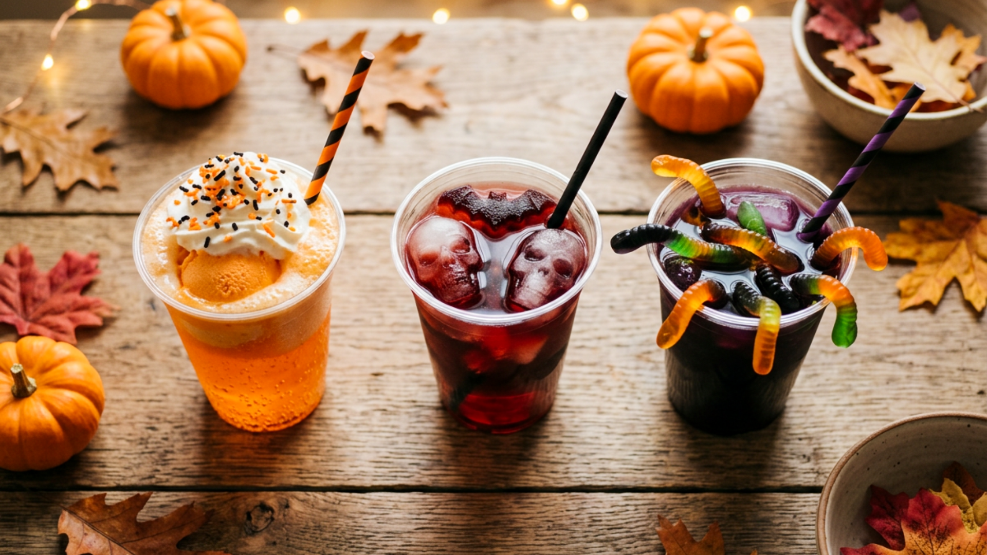 Three spooky potion beverages for a teen Galloween party decorated with sprinkles, gummy worms, and skull-shaped ice cubes.