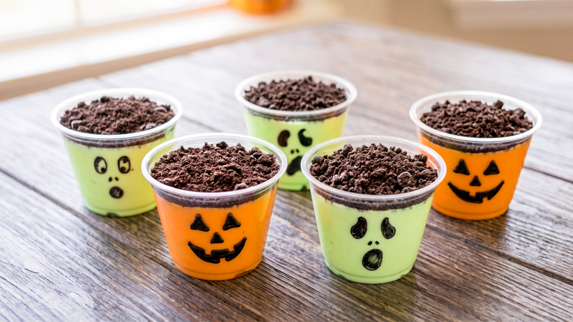 Pudding cups decorated to look like ghosts and pumpkins for Halloween.